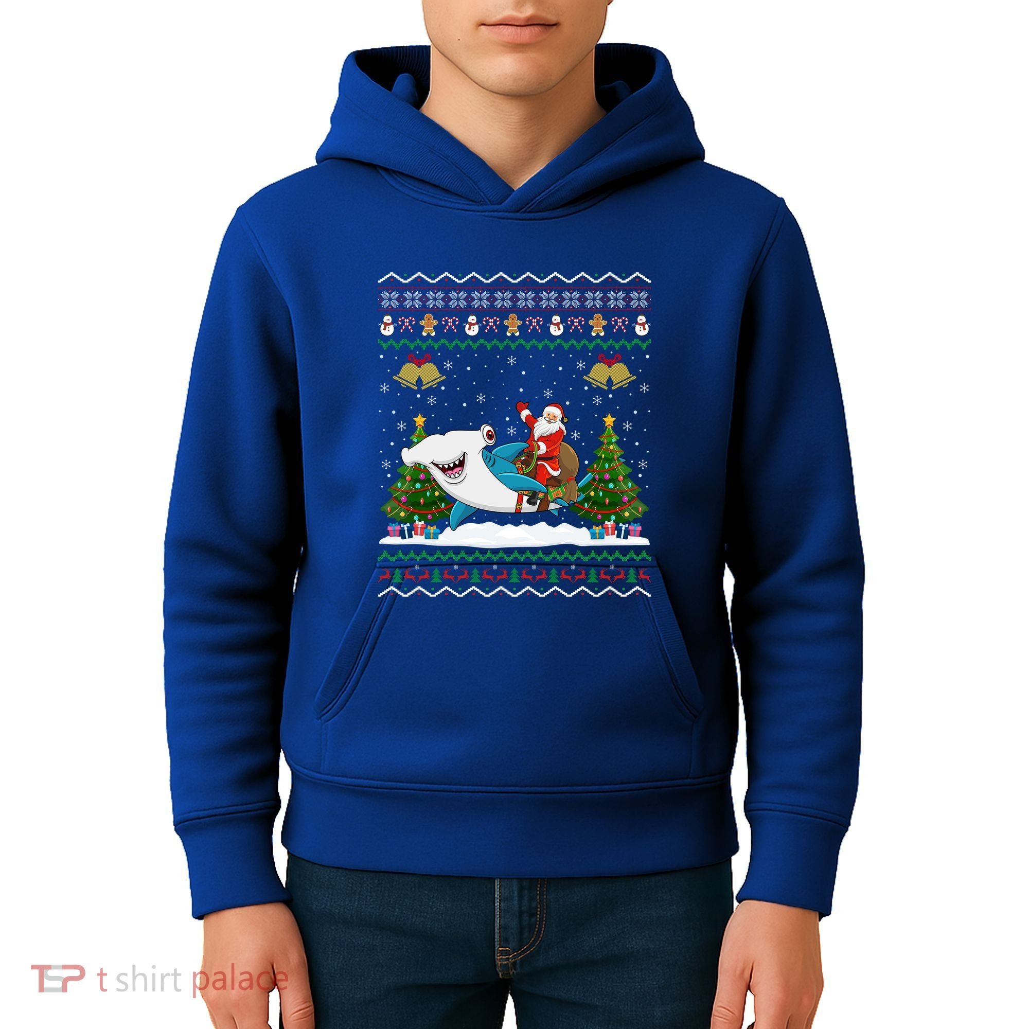 Ugly Hammerhead Shark Xmas Gift Santa Riding Shark Christmas Gift Kids Hoodie