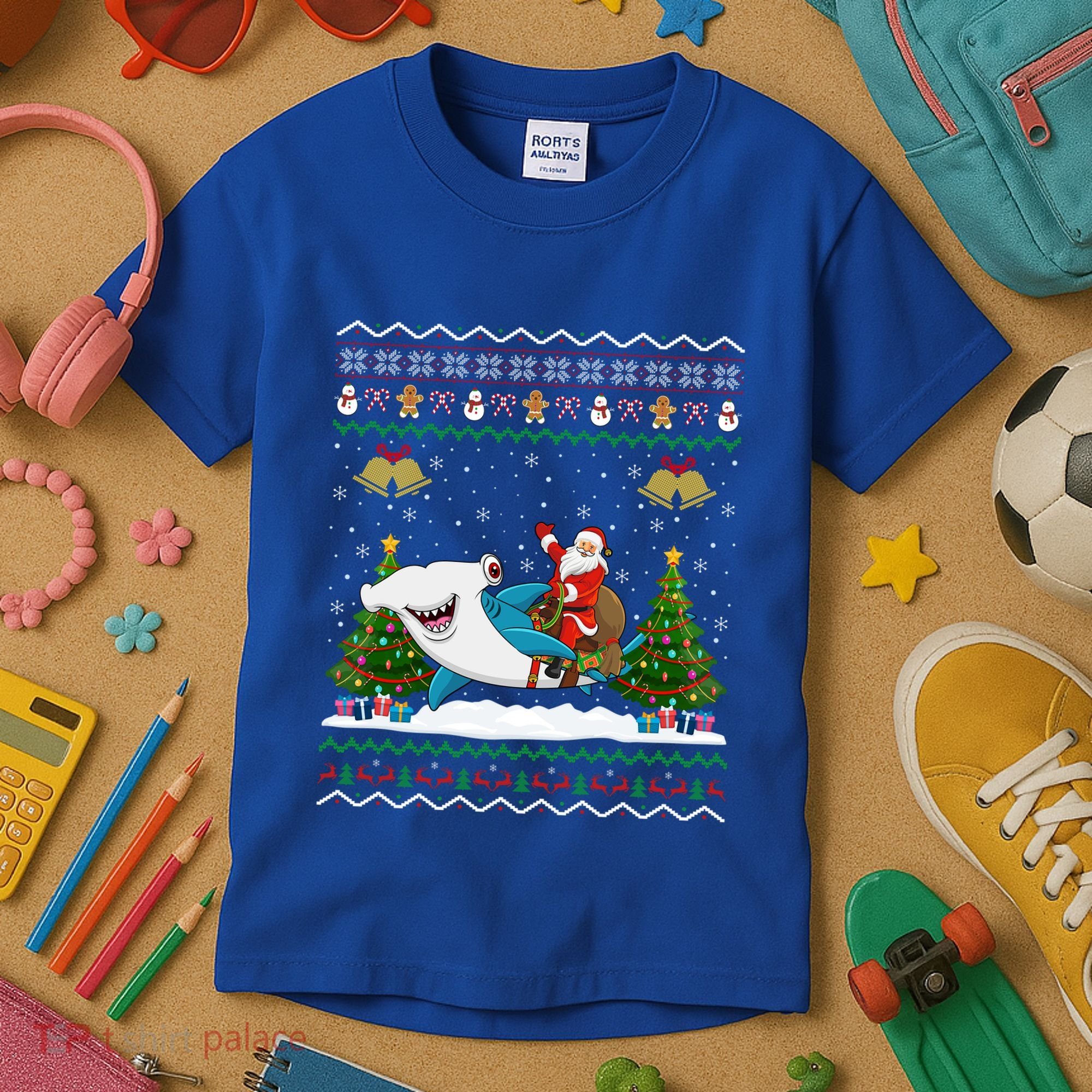 Ugly Hammerhead Shark Xmas Gift Santa Riding Shark Christmas Gift Kids T-Shirt