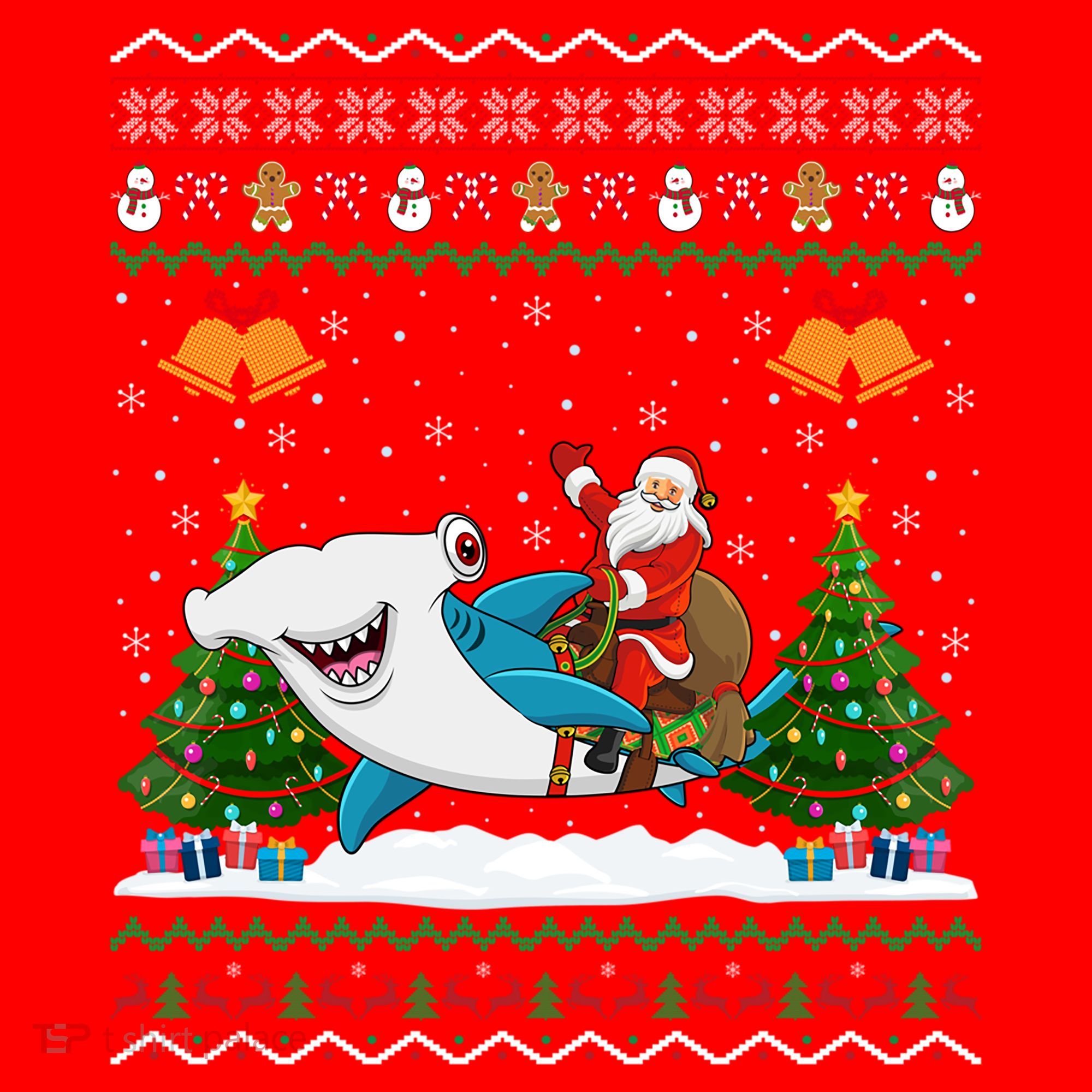 Ugly Hammerhead Shark Xmas Gift Santa Riding Shark Christmas Gift Santa Hat