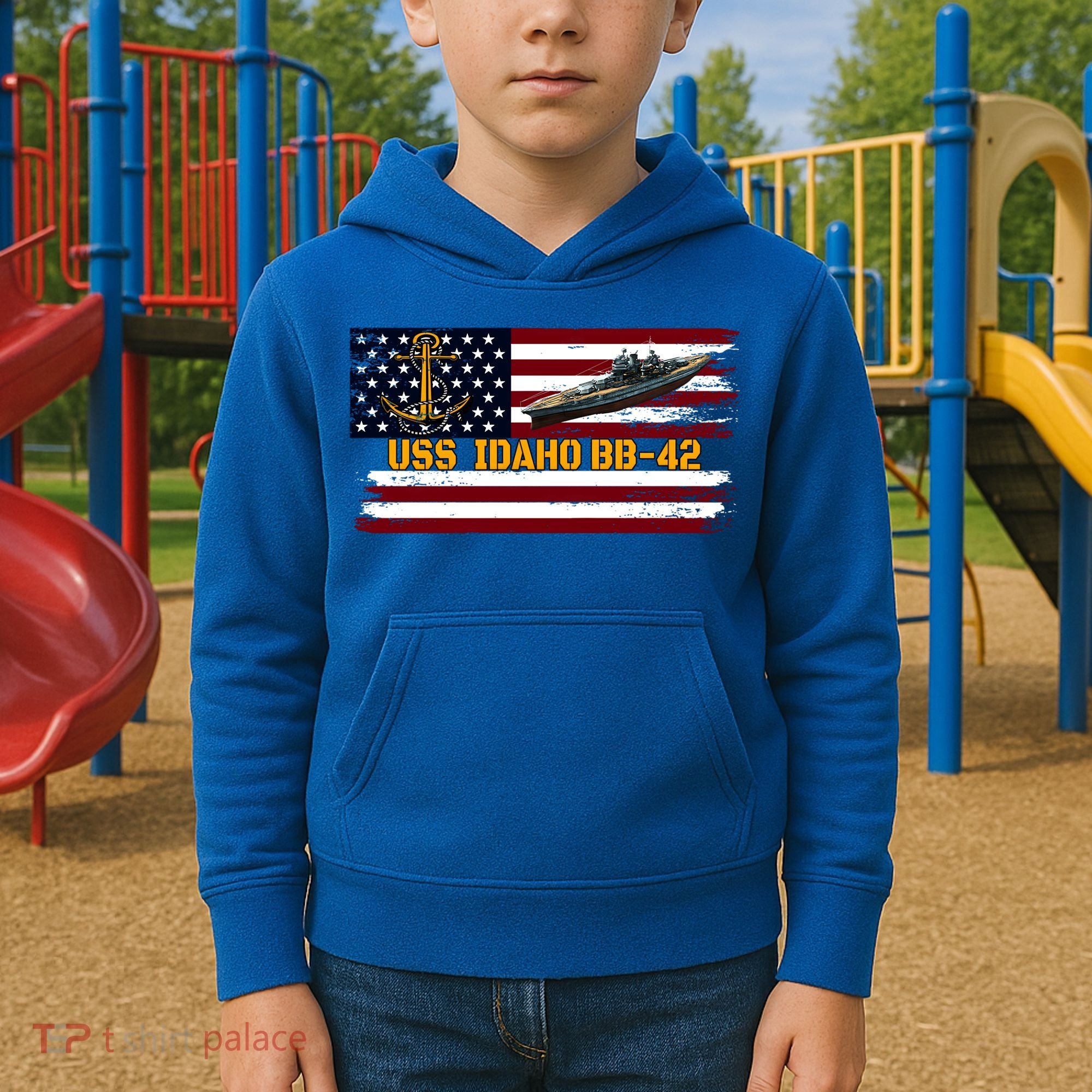Uss Idaho Bbgift42 Ww2 Battleship Warship Veterans Day Father's Cool Gift Kids Hoodie