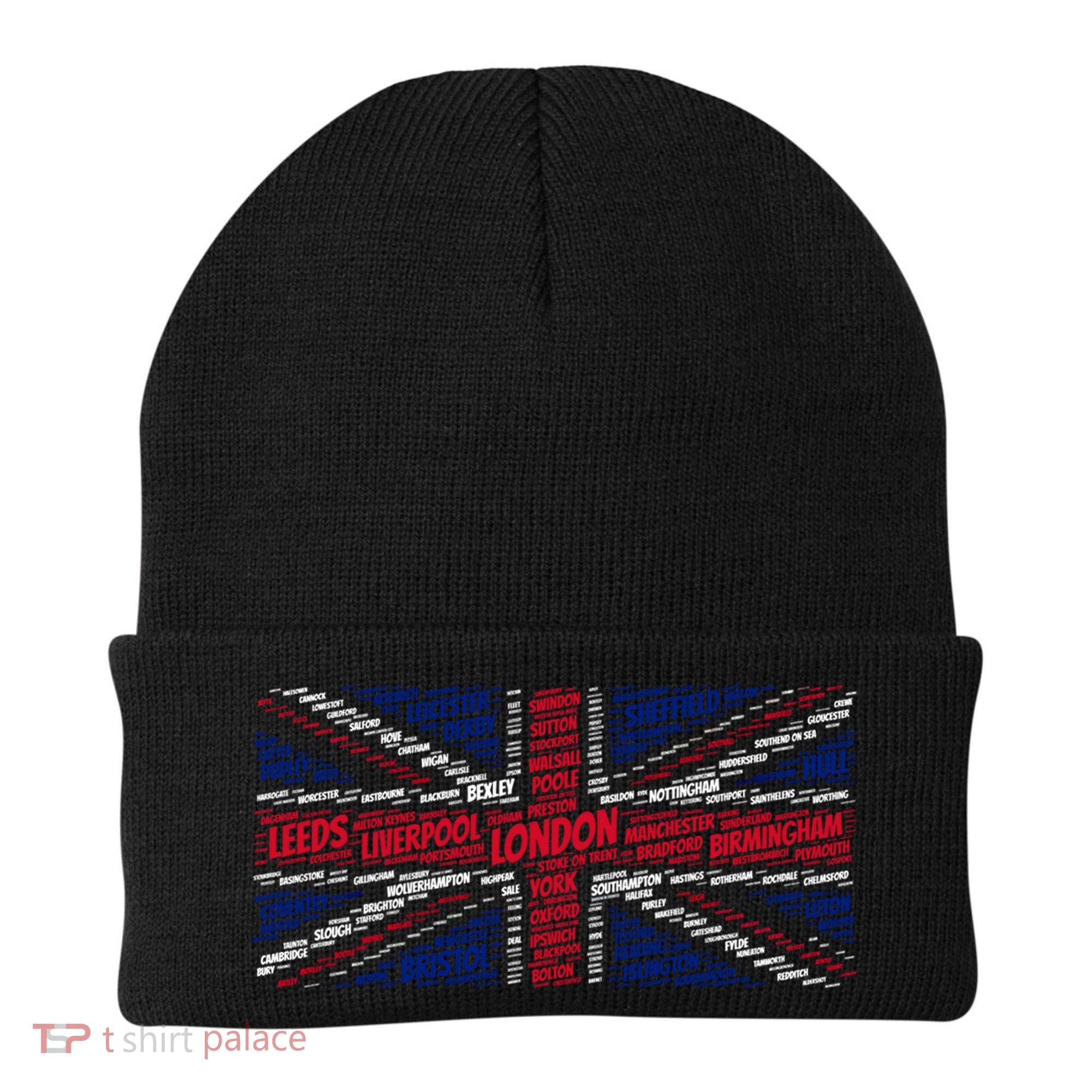 Union Jack With City Called Word Art Gift Beanie