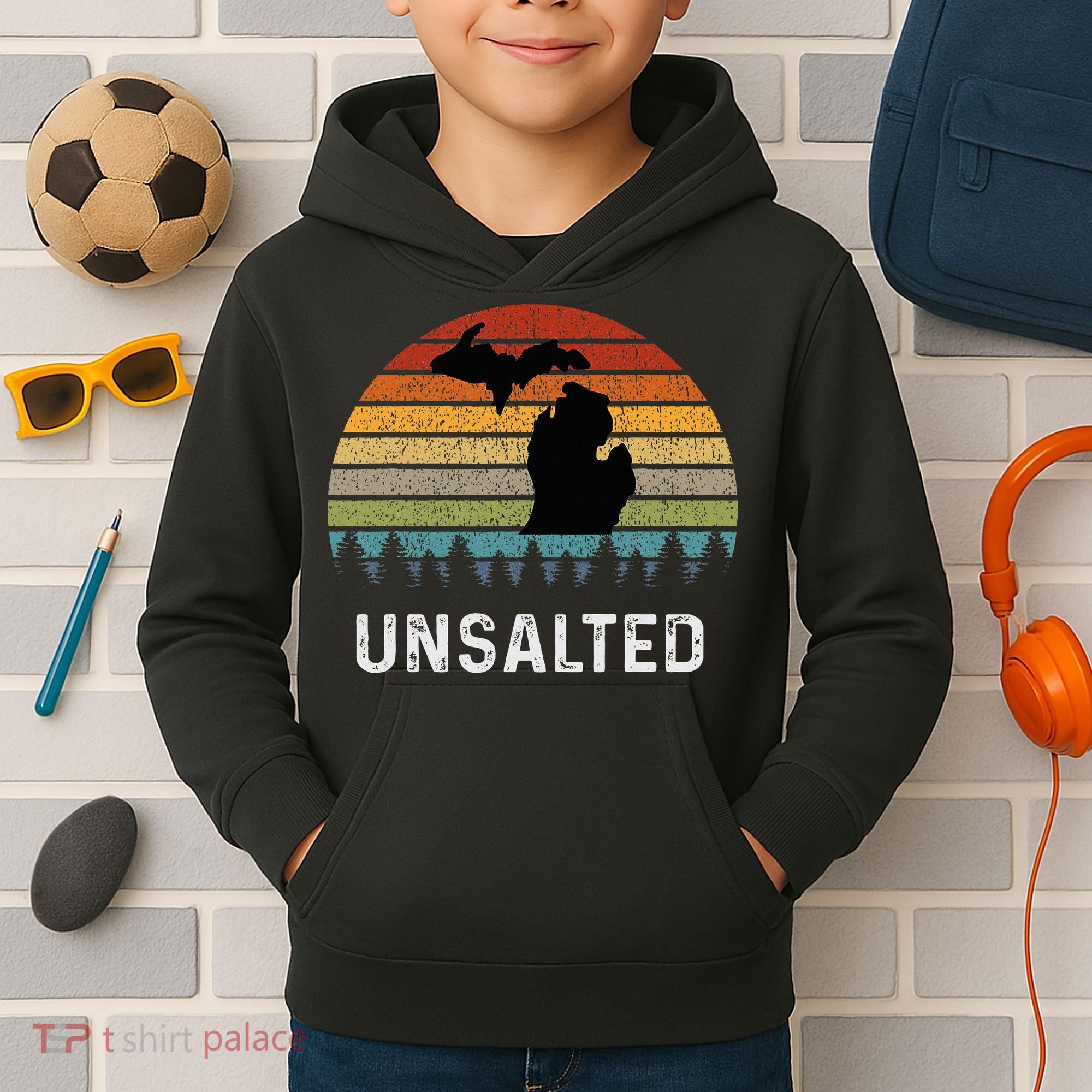 Unsalted Michigan Great Lakes Mi Retro Kids Hoodie