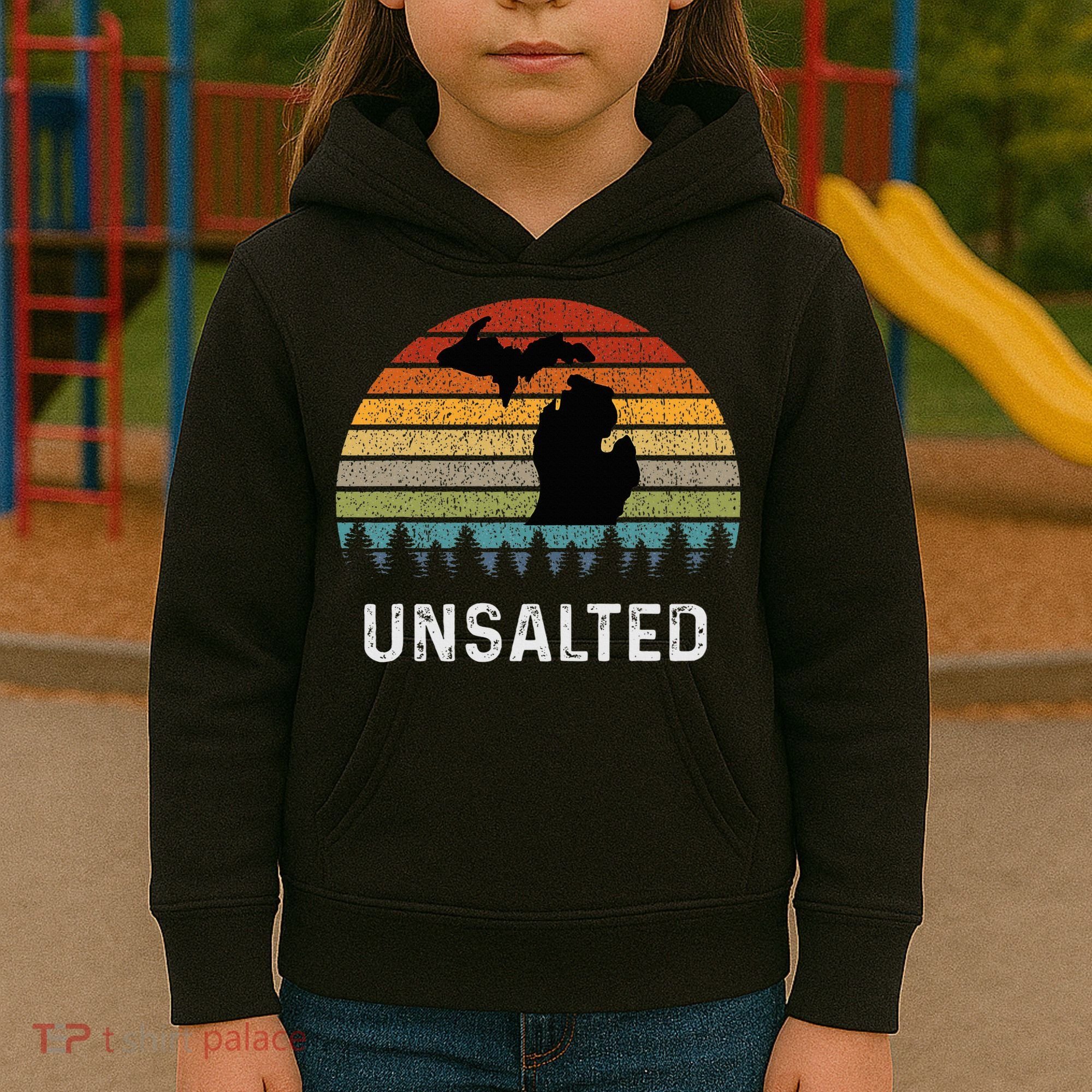 Unsalted Michigan Great Lakes Mi Retro Kids Hoodie