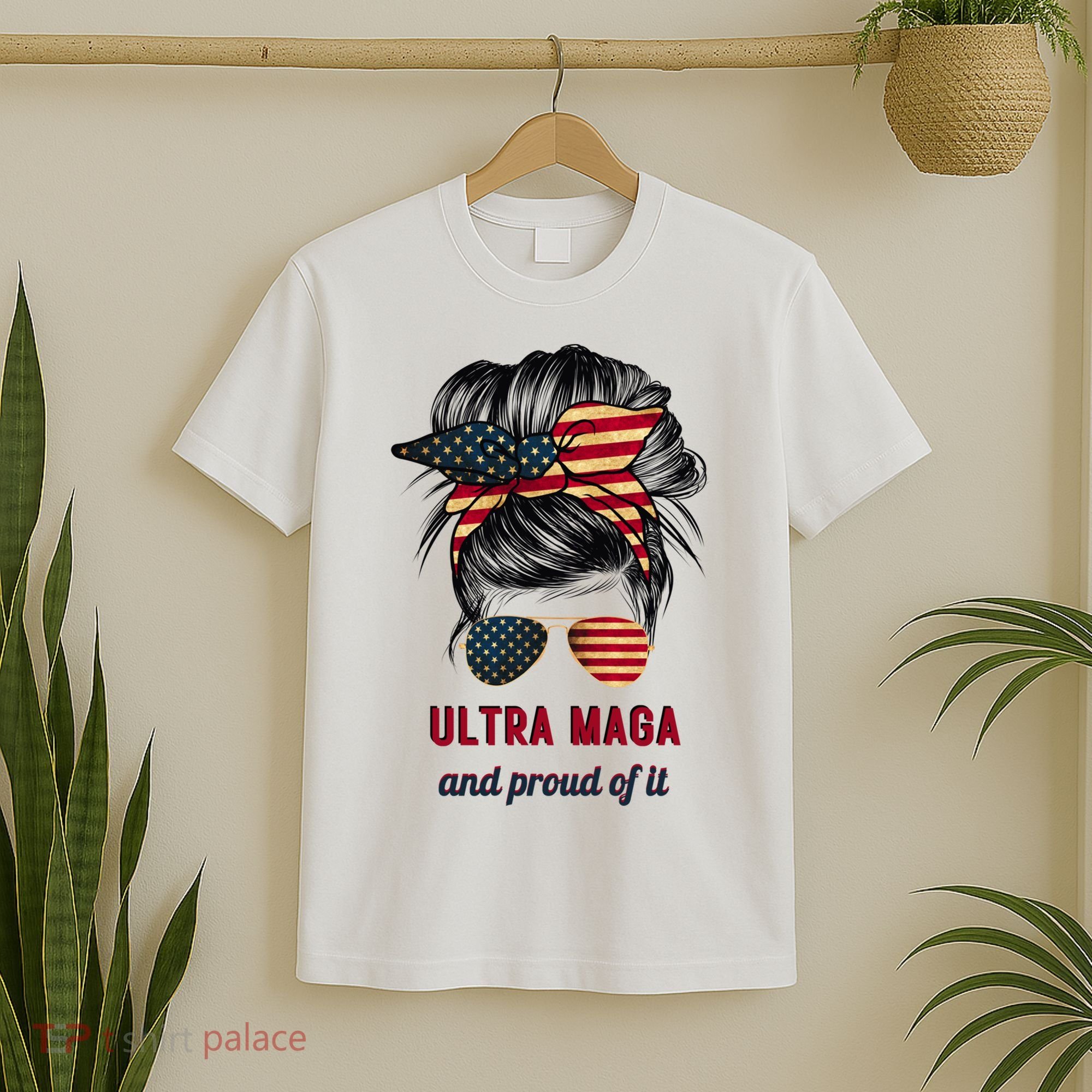 Ultra Maga Mama Girl Gift Proud Messy Bun American Flag Cute Gift T-Shirt
