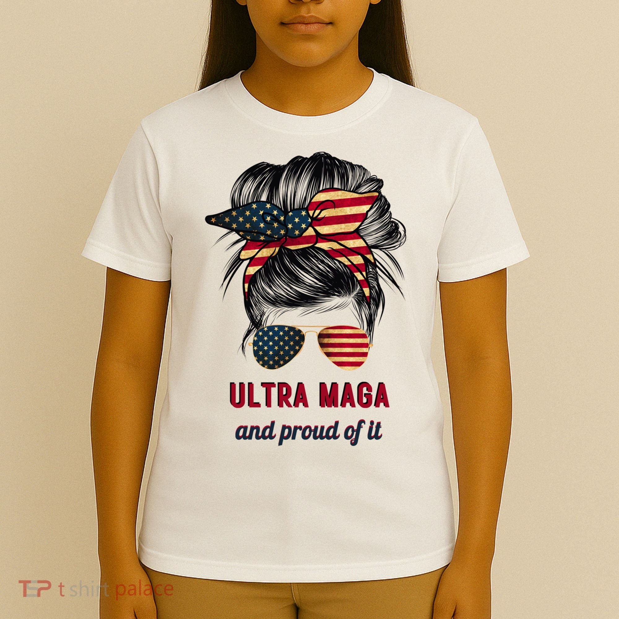 Ultra Maga Mama Girl Gift Proud Messy Bun American Flag Cute Gift T-Shirt