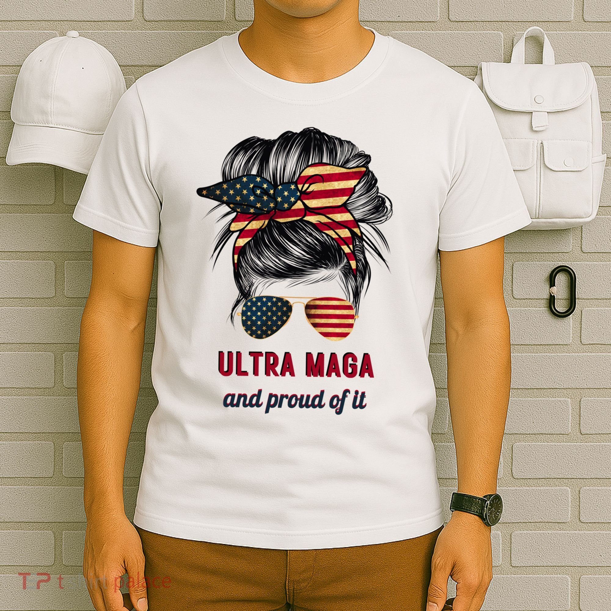 Ultra Maga Mama Girl Gift Proud Messy Bun American Flag Cute Gift T-Shirt