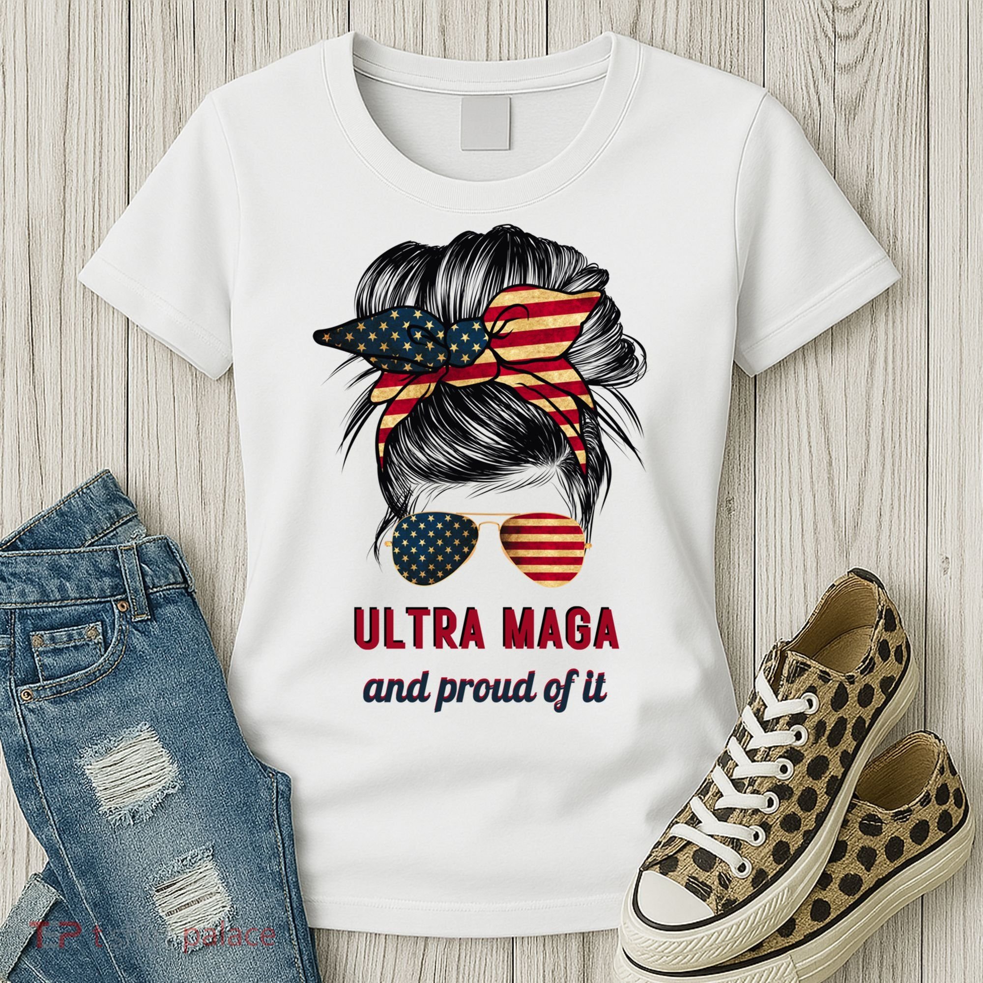 Ultra Maga Mama Girl Gift Proud Messy Bun American Flag Cute Gift Women's T-Shirt