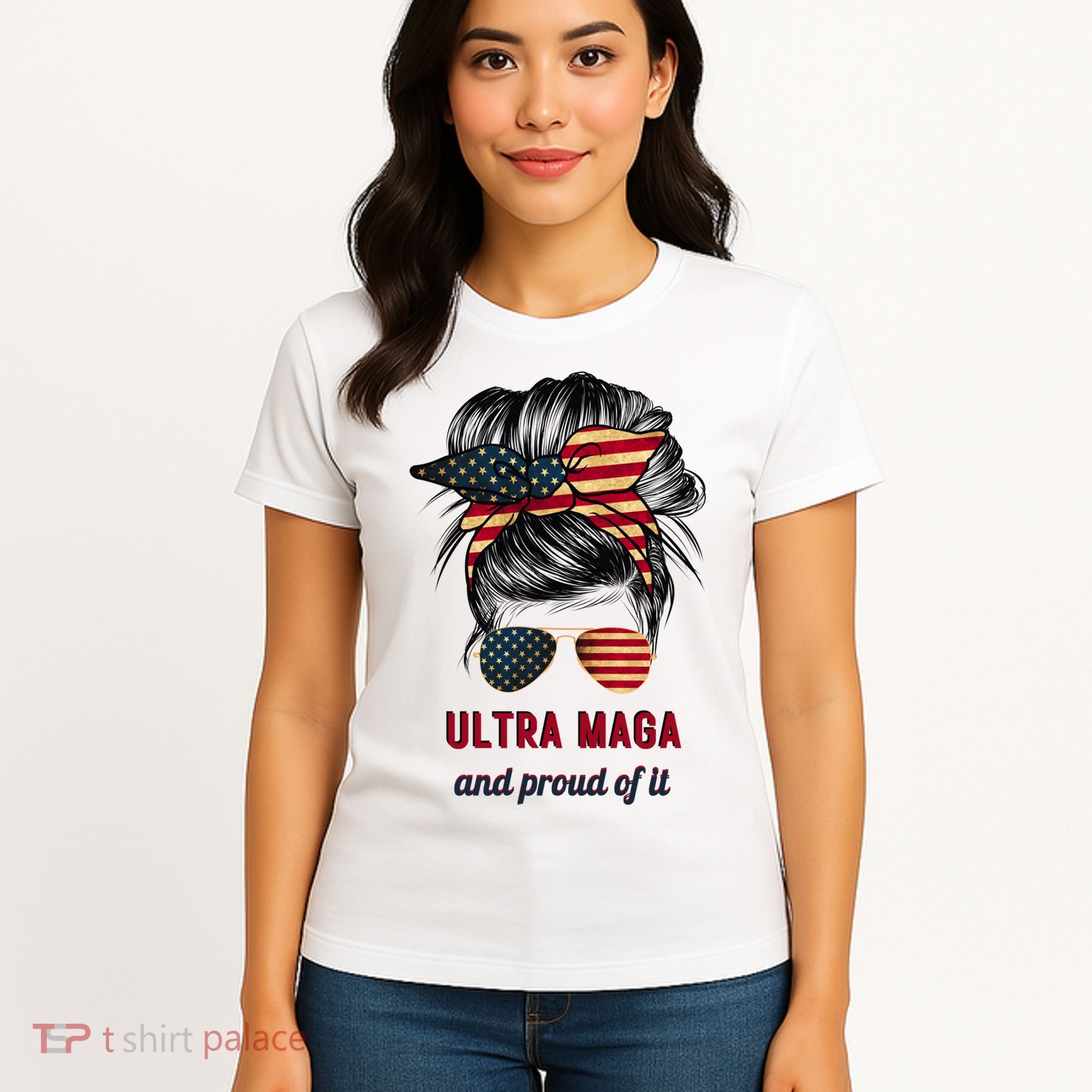 Ultra Maga Mama Girl Gift Proud Messy Bun American Flag Cute Gift Women's T-Shirt