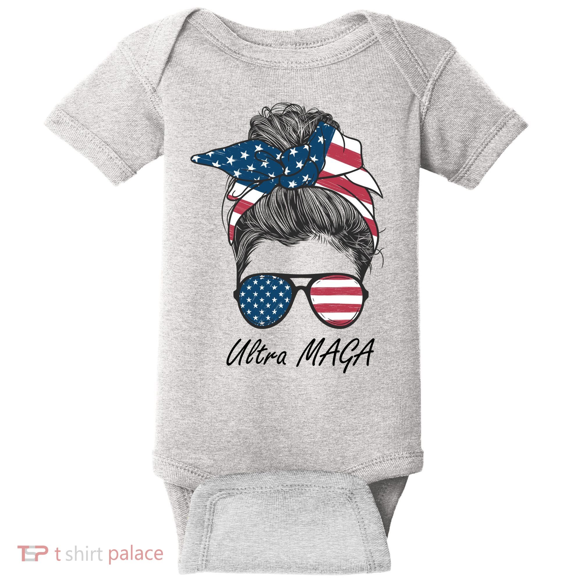 Ultra MAGA Messy Bun Parody Trump 2024 Anti Biden Baby Bodysuit