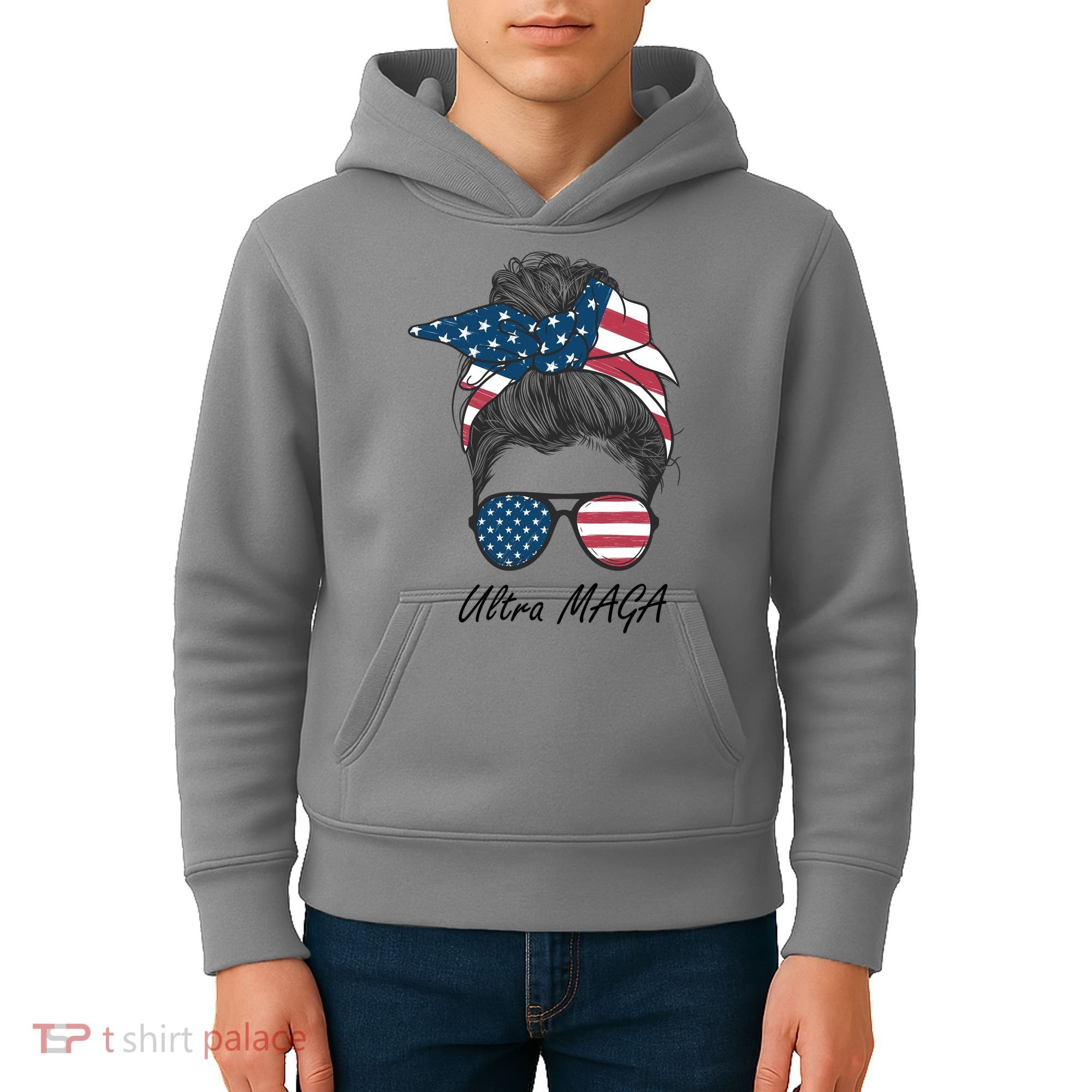 Ultra MAGA Messy Bun Parody Trump 2024 Anti Biden Kids Hoodie