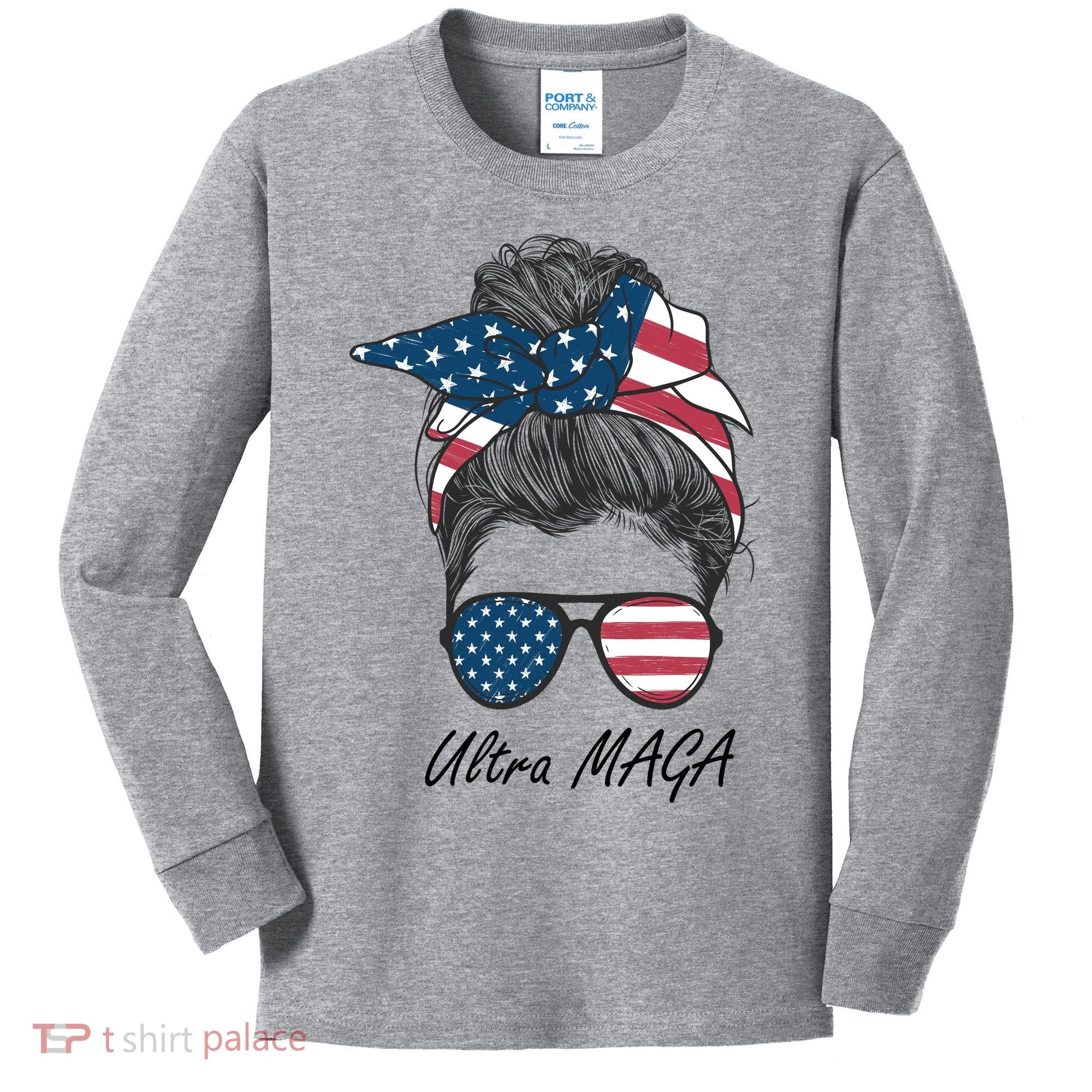 Ultra MAGA Messy Bun Parody Trump 2024 Anti Biden Kids Long Sleeve Shirt