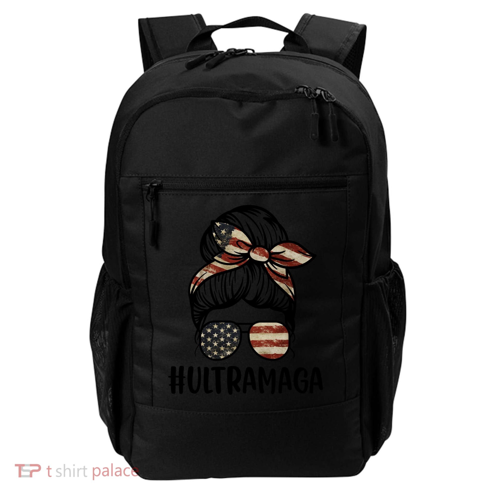 Ultra MAGA Messy Bun American Flag Sunglasses Backpack