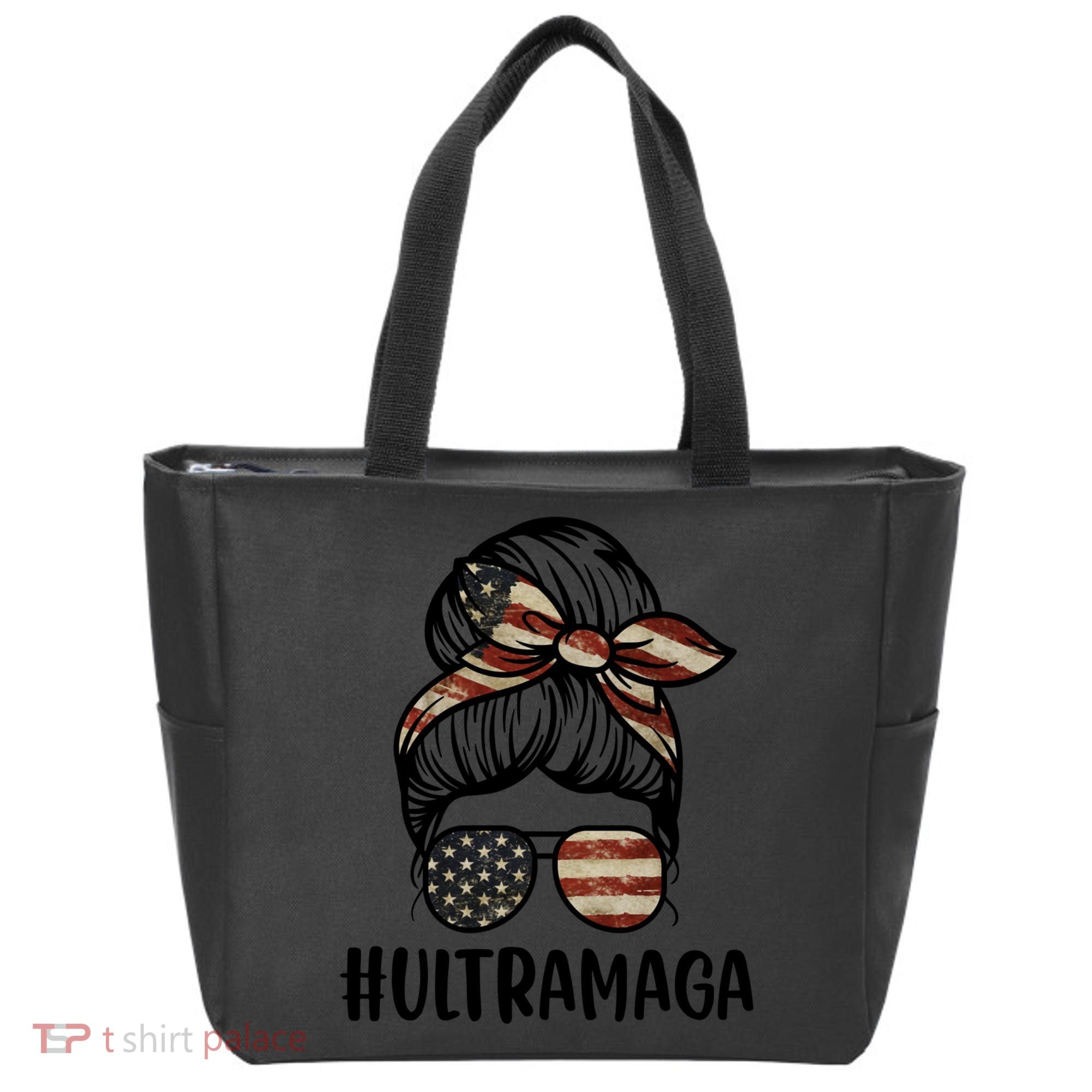Ultra MAGA Messy Bun American Flag Sunglasses Tote Bag