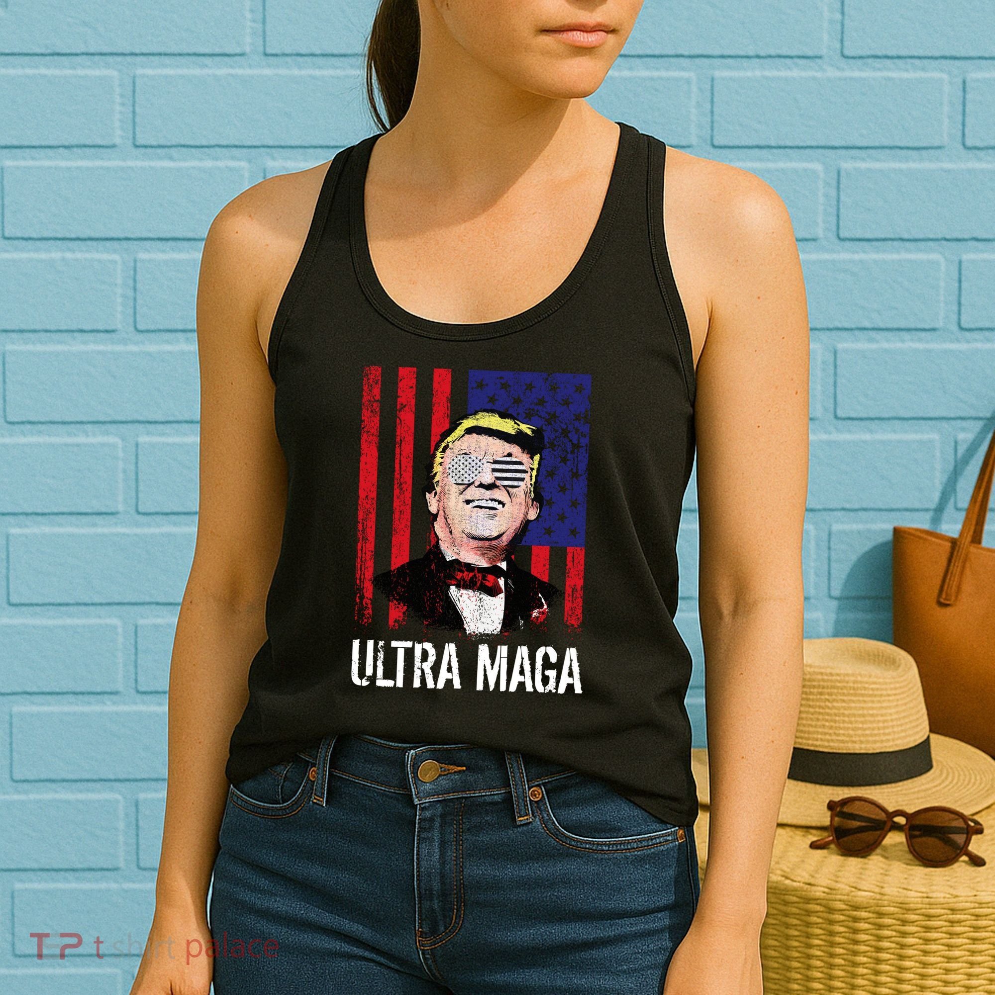 Ultra MAGA USA Flag Parody Trump 2024 Anti Biden Women's Tank Top