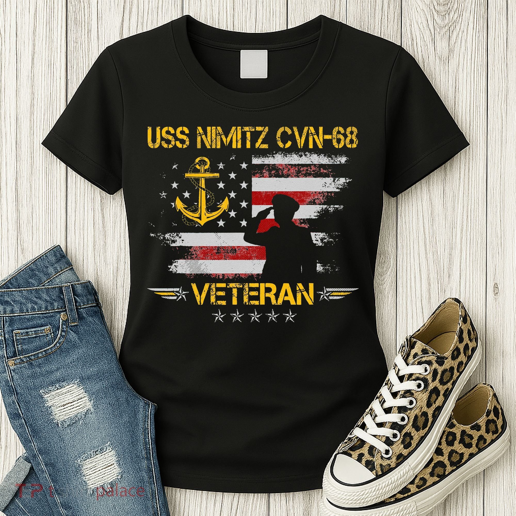 USS Nimitz CVN 68 Aircraft Carrier Veteran Flag Veterans Day Women's T-Shirt