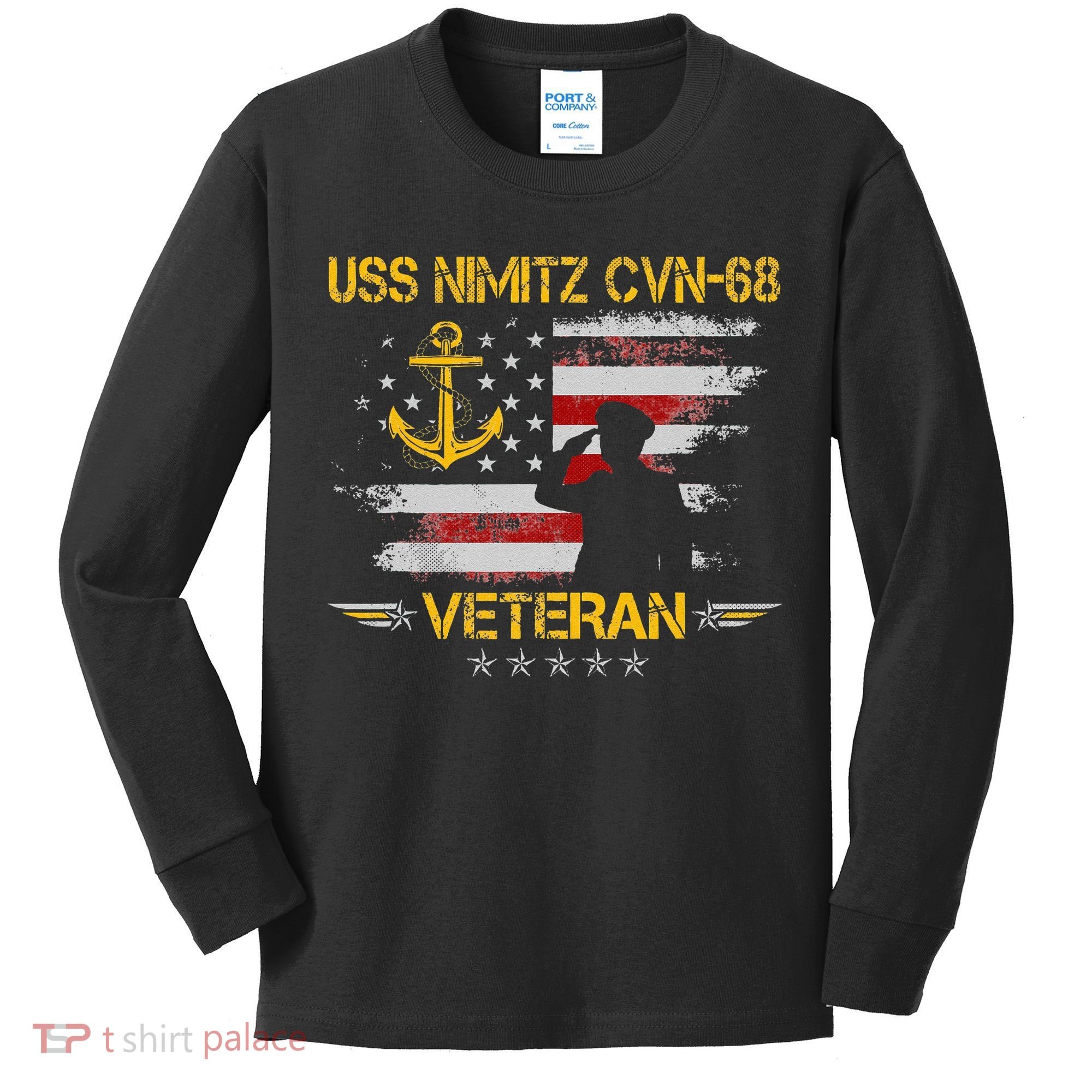 USS Nimitz CVN 68 Aircraft Carrier Veteran Flag Veterans Day Kids Long Sleeve Shirt