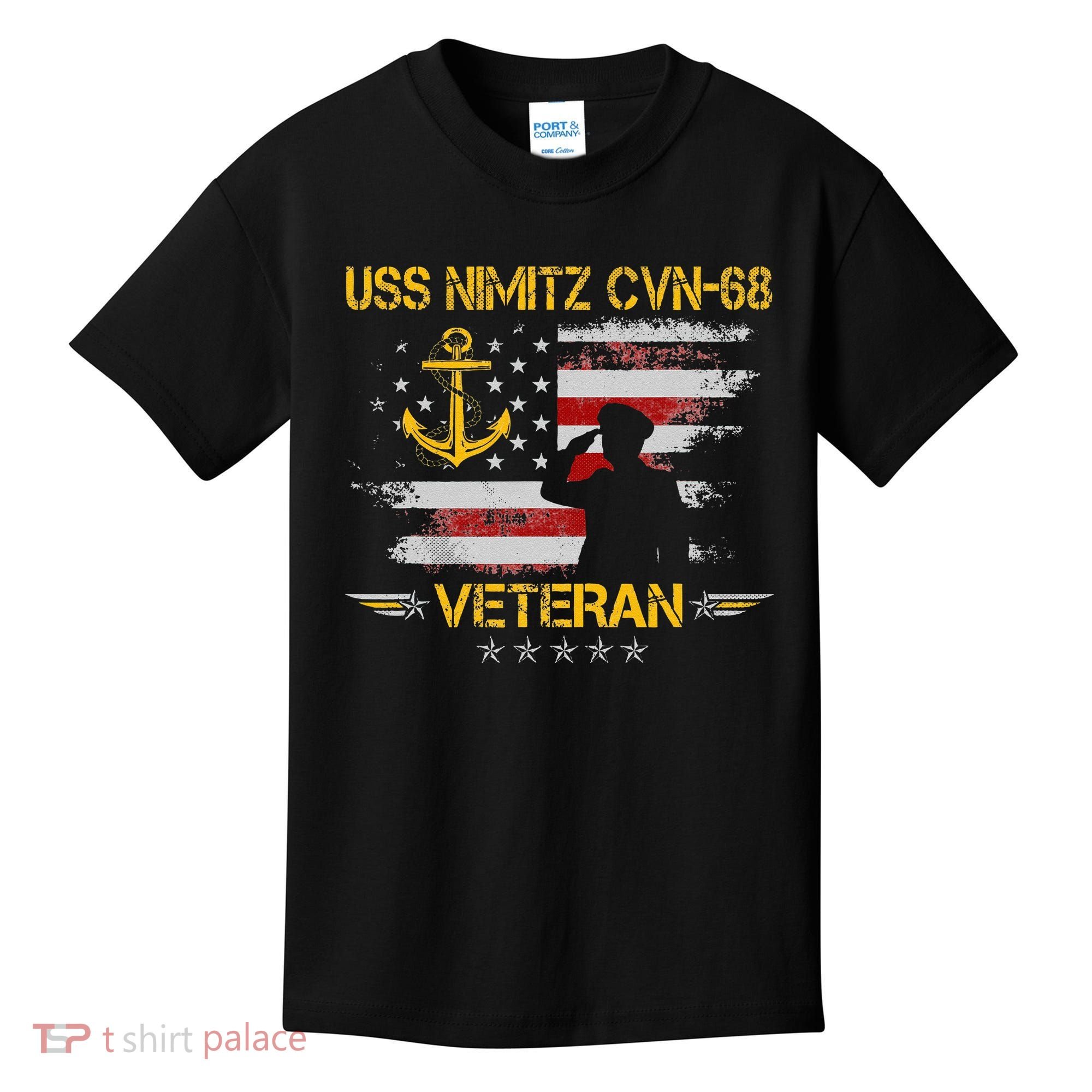 USS Nimitz CVN 68 Aircraft Carrier Veteran Flag Veterans Day Kids T-Shirt