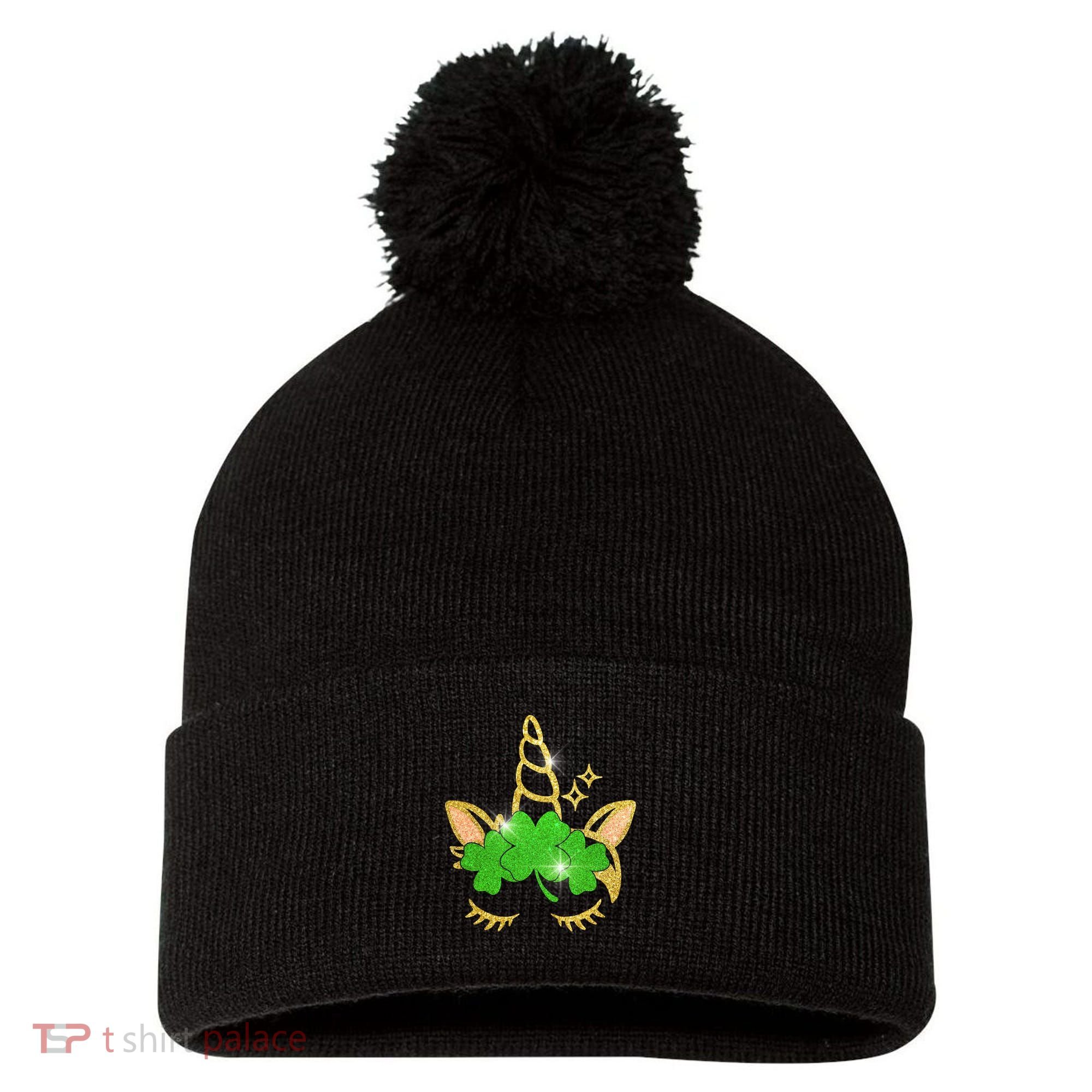 Unicorn Face St. Patrick's Day Pom Pom 12in Knit Beanie