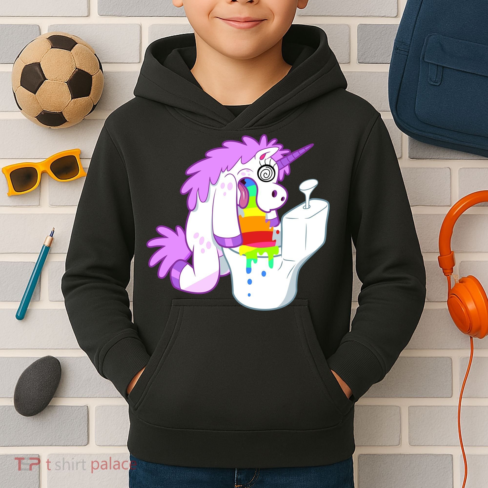 Unicorn Pukes Rainbow In The Toilet Kids Hoodie
