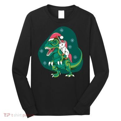Unicorn Ridding Dinosaur Christmas Long Sleeve Shirt