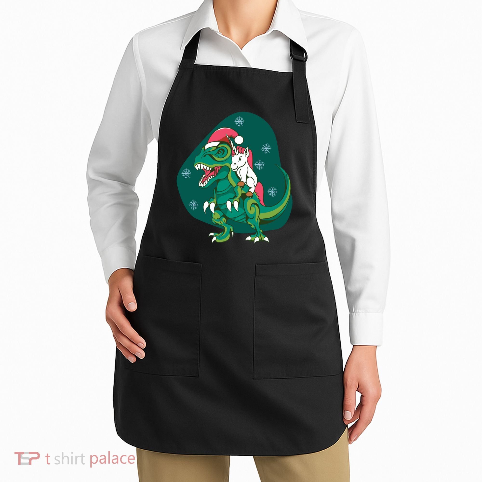 Unicorn Ridding Dinosaur Christmas Apron