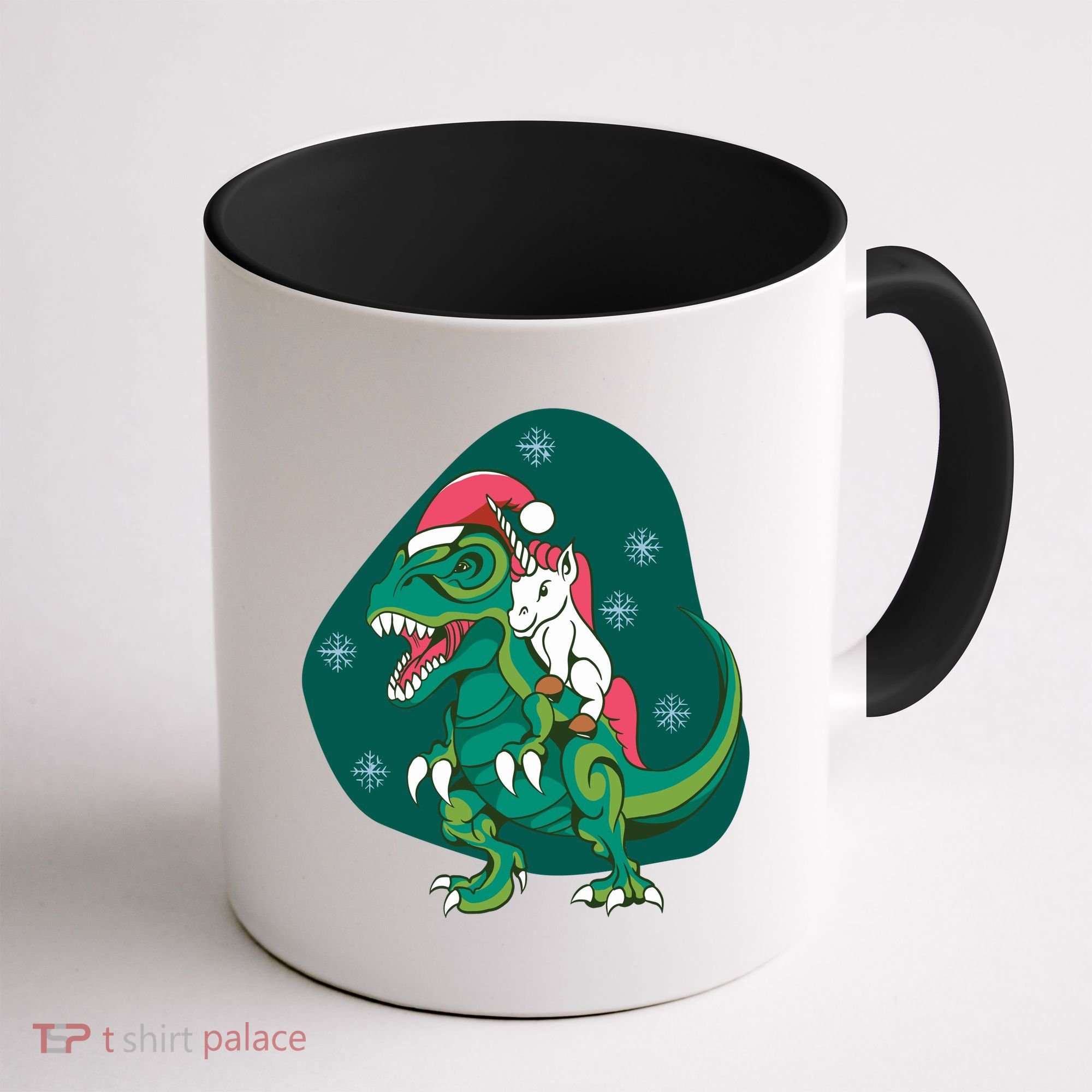 Unicorn Ridding Dinosaur Christmas Coffee Mug