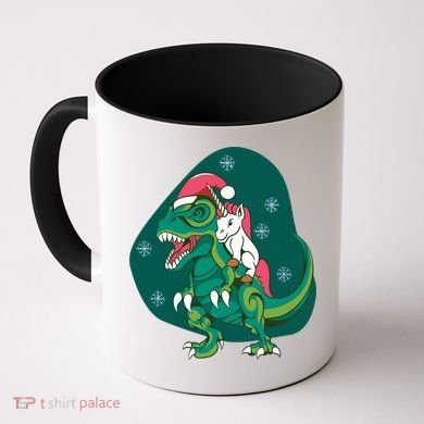 Unicorn Ridding Dinosaur Christmas Coffee Mug