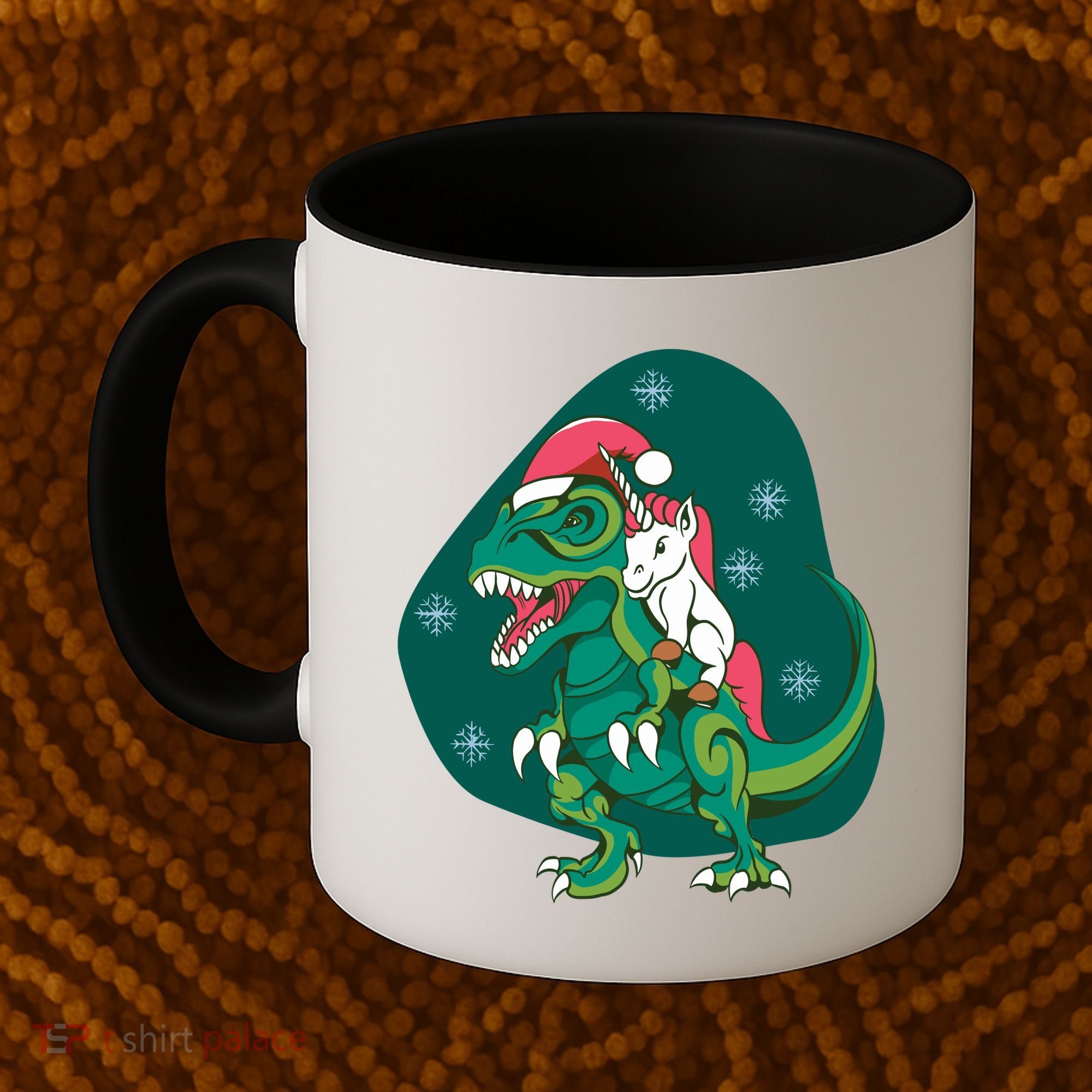 Unicorn Ridding Dinosaur Christmas Coffee Mug