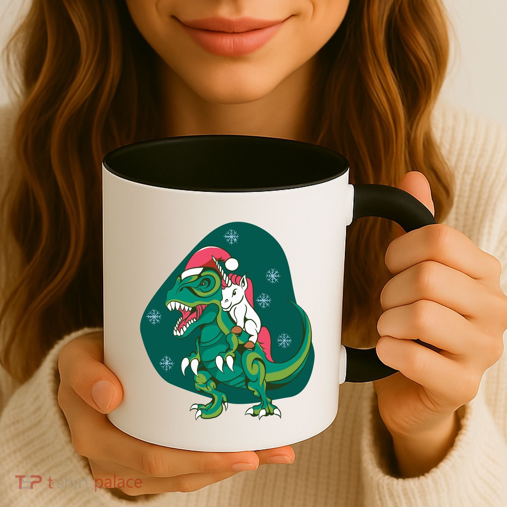 Unicorn Ridding Dinosaur Christmas Coffee Mug