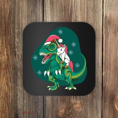 Unicorn Ridding Dinosaur Christmas Coaster