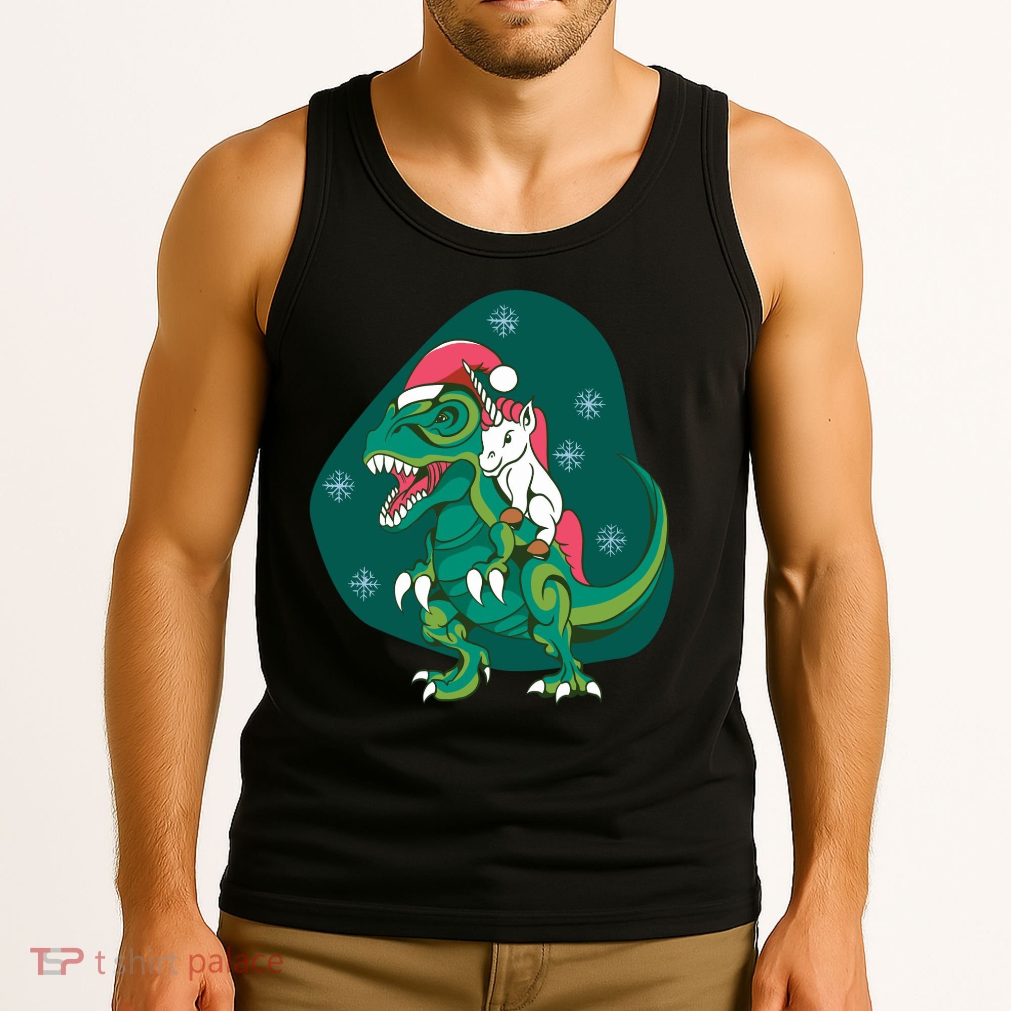 Unicorn Ridding Dinosaur Christmas Tank Top