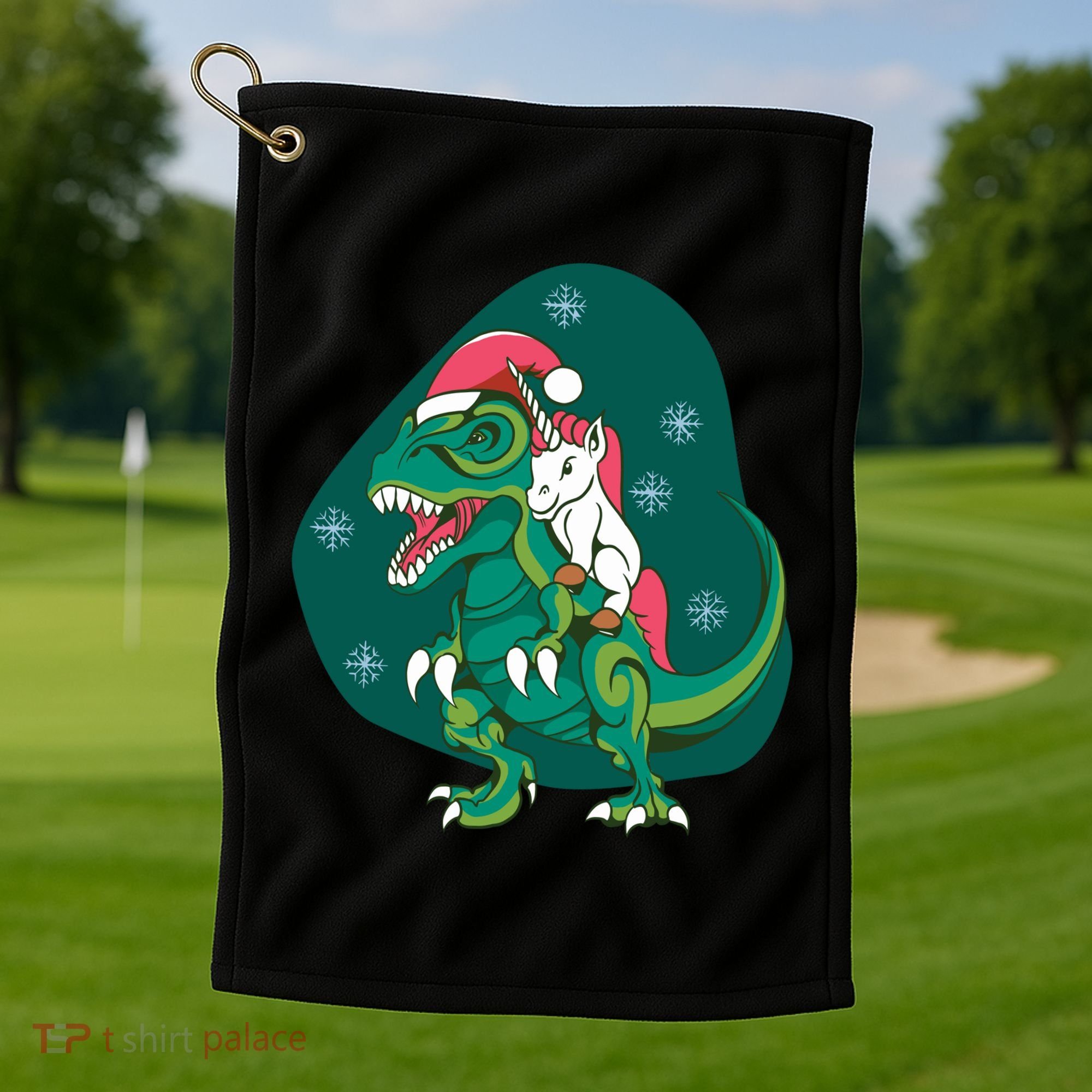 Unicorn Ridding Dinosaur Christmas Golf Towel