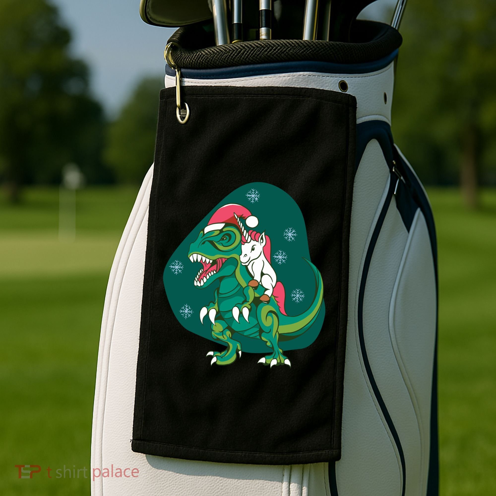 Unicorn Ridding Dinosaur Christmas Golf Towel
