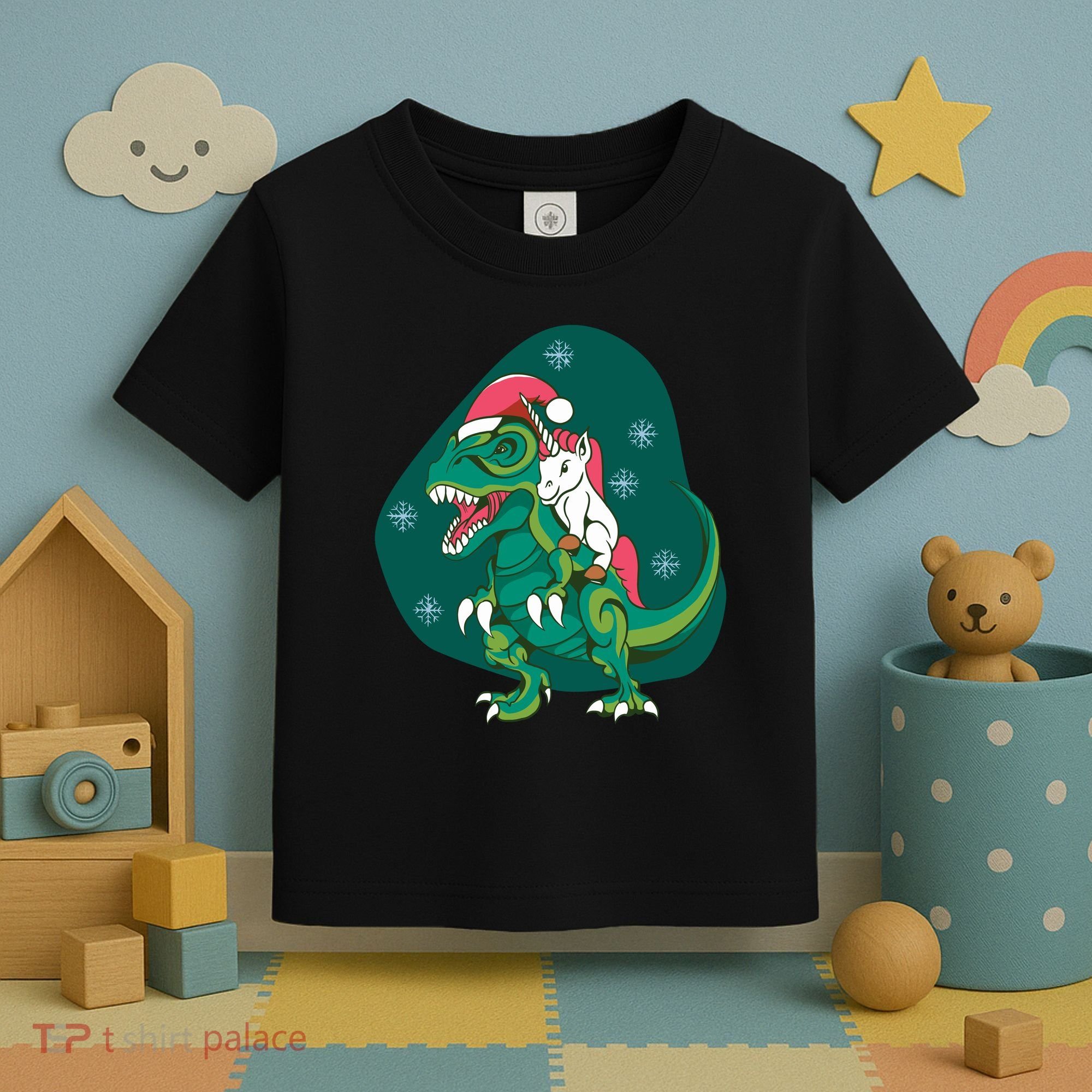 Unicorn Ridding Dinosaur Christmas Toddler T-Shirt