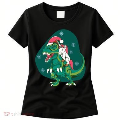 Unicorn Ridding Dinosaur Christmas Women's T-Shirt