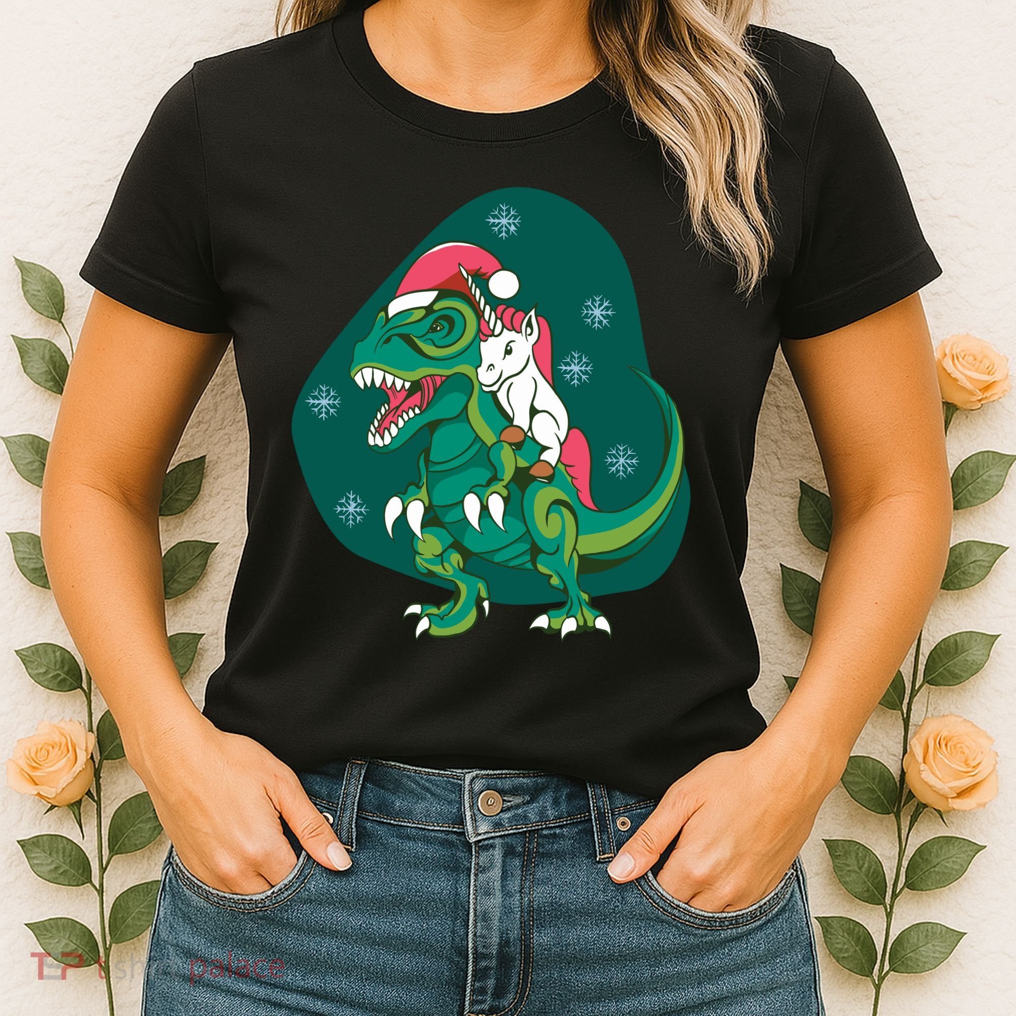 Unicorn Ridding Dinosaur Christmas Women's T-Shirt