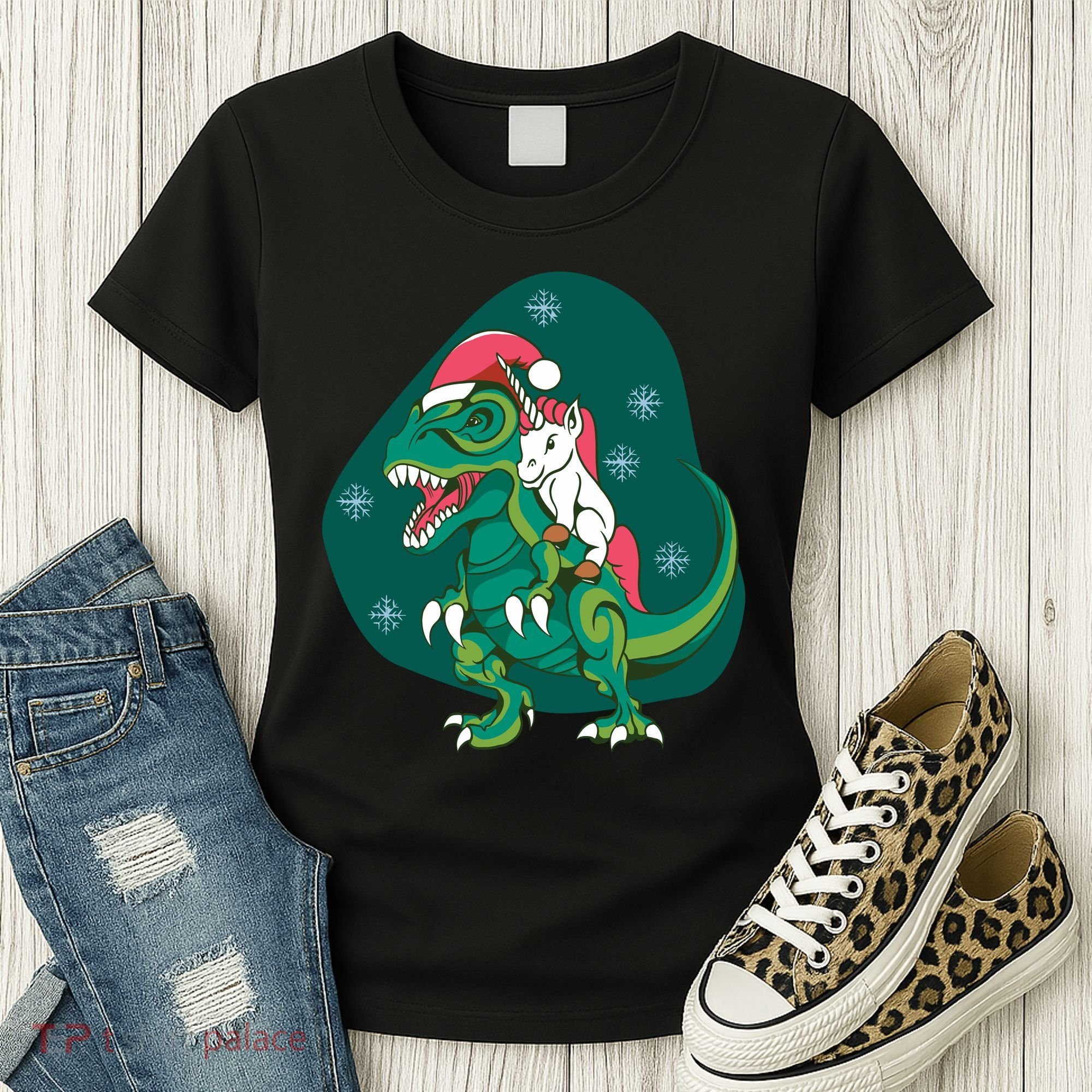 Unicorn Ridding Dinosaur Christmas Women's T-Shirt