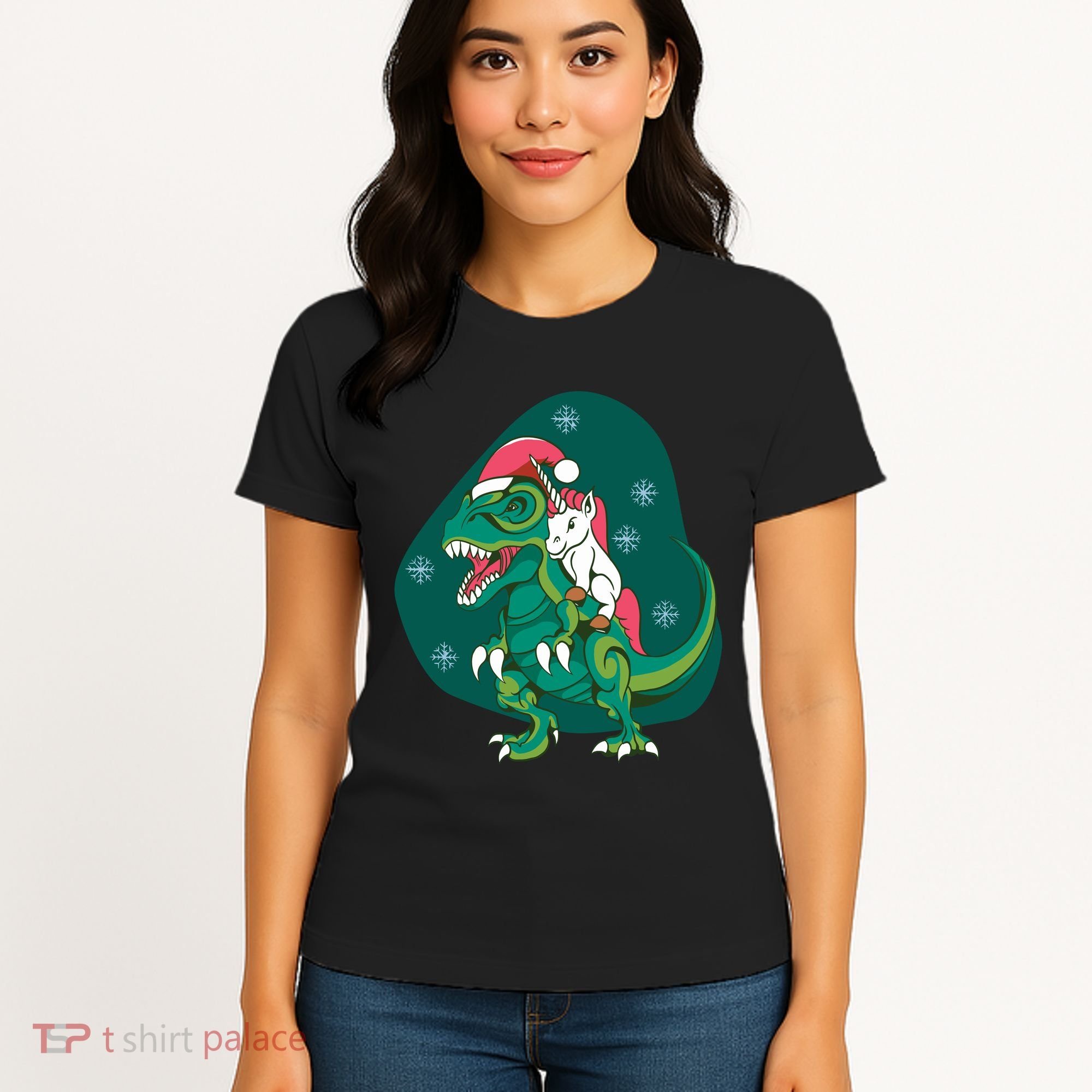 Unicorn Ridding Dinosaur Christmas Women's T-Shirt