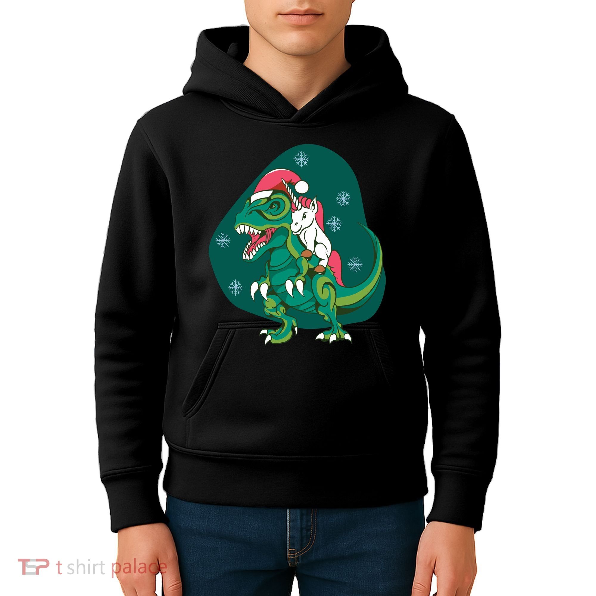 Unicorn Ridding Dinosaur Christmas Kids Hoodie