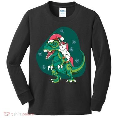 Unicorn Ridding Dinosaur Christmas Kids Long Sleeve Shirt