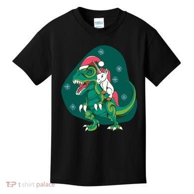 Unicorn Ridding Dinosaur Christmas Kids T-Shirt