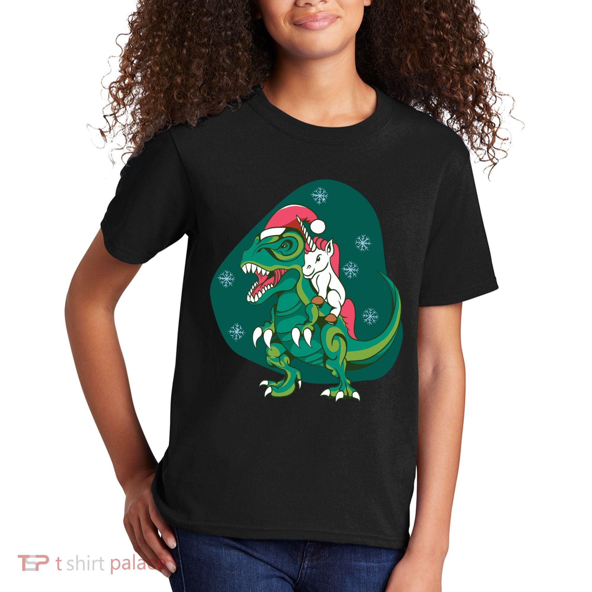 Unicorn Ridding Dinosaur Christmas Kids T-Shirt