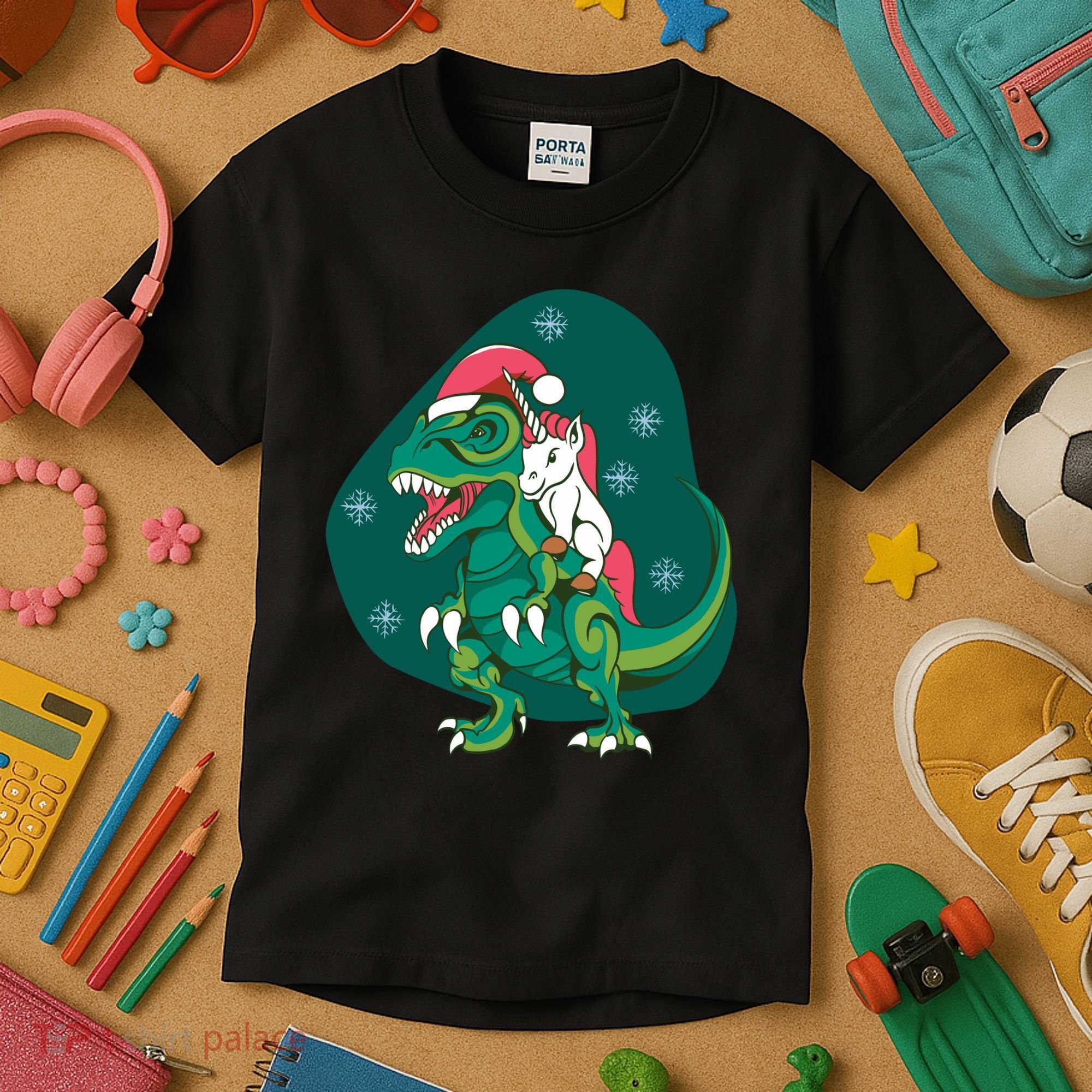 Unicorn Ridding Dinosaur Christmas Kids T-Shirt