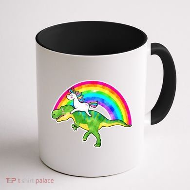 Unicorn Riding T-Rex Rainbow Coffee Mug back
