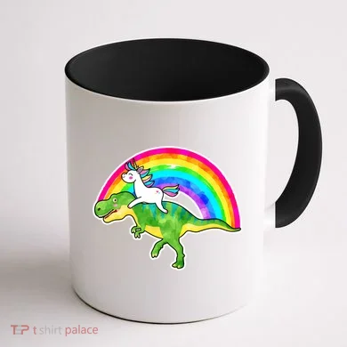 Unicorn Riding T-Rex Rainbow Coffee Mug back