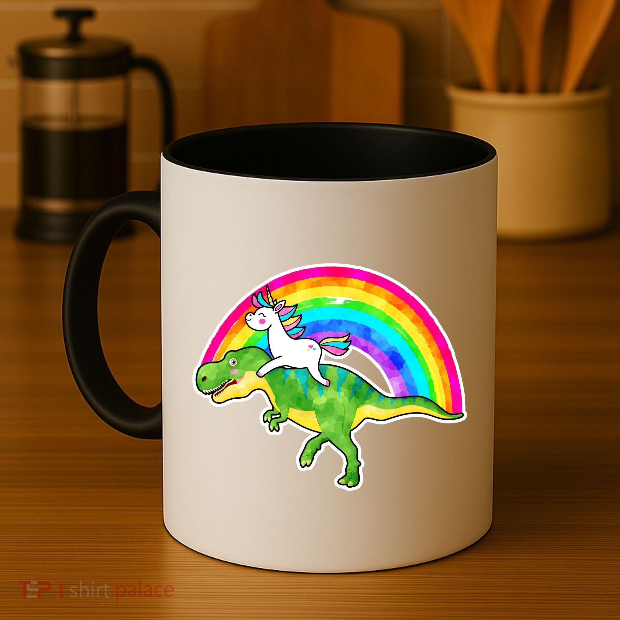 Unicorn Riding T-Rex Rainbow Coffee Mug