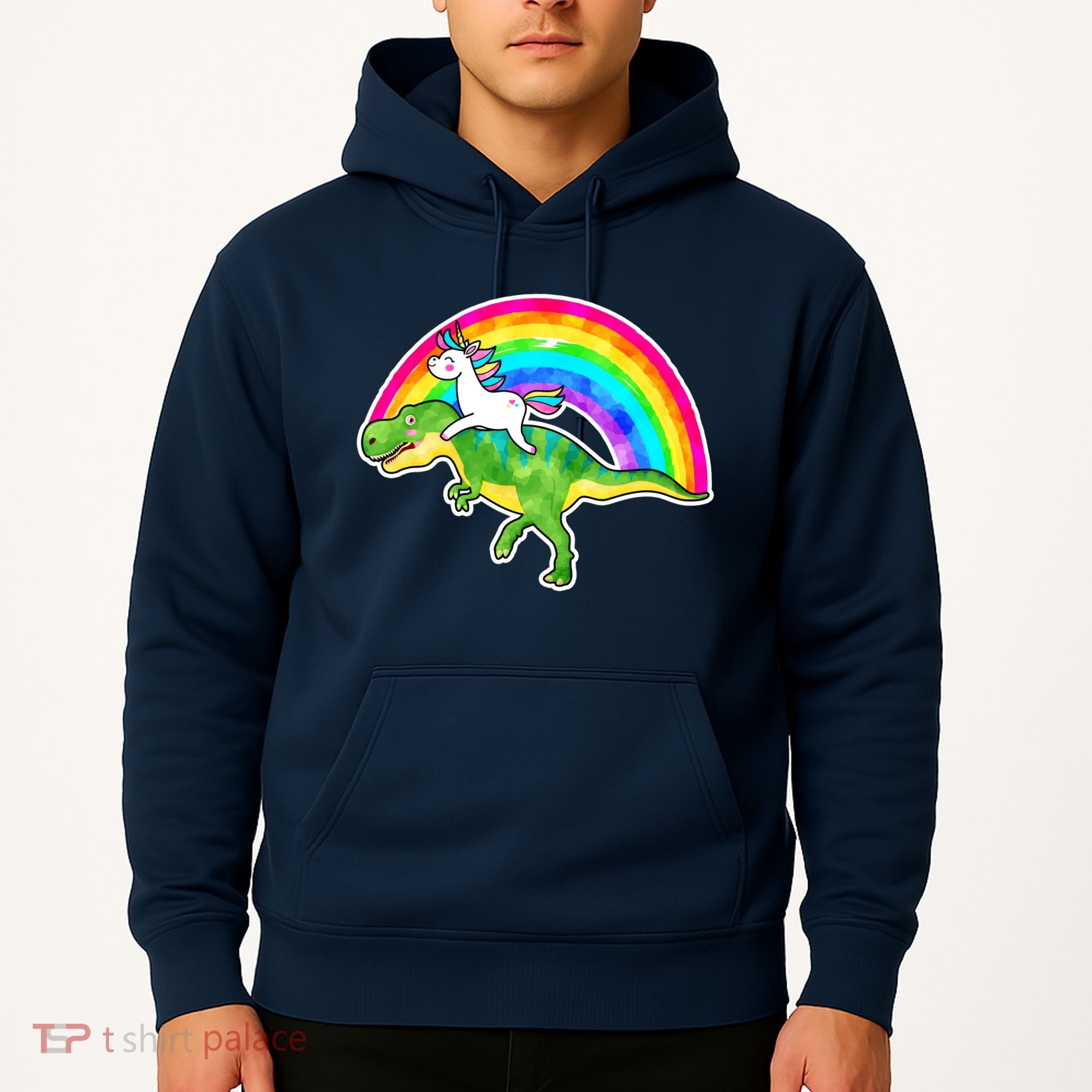 Unicorn Riding T-Rex Rainbow Hoodie