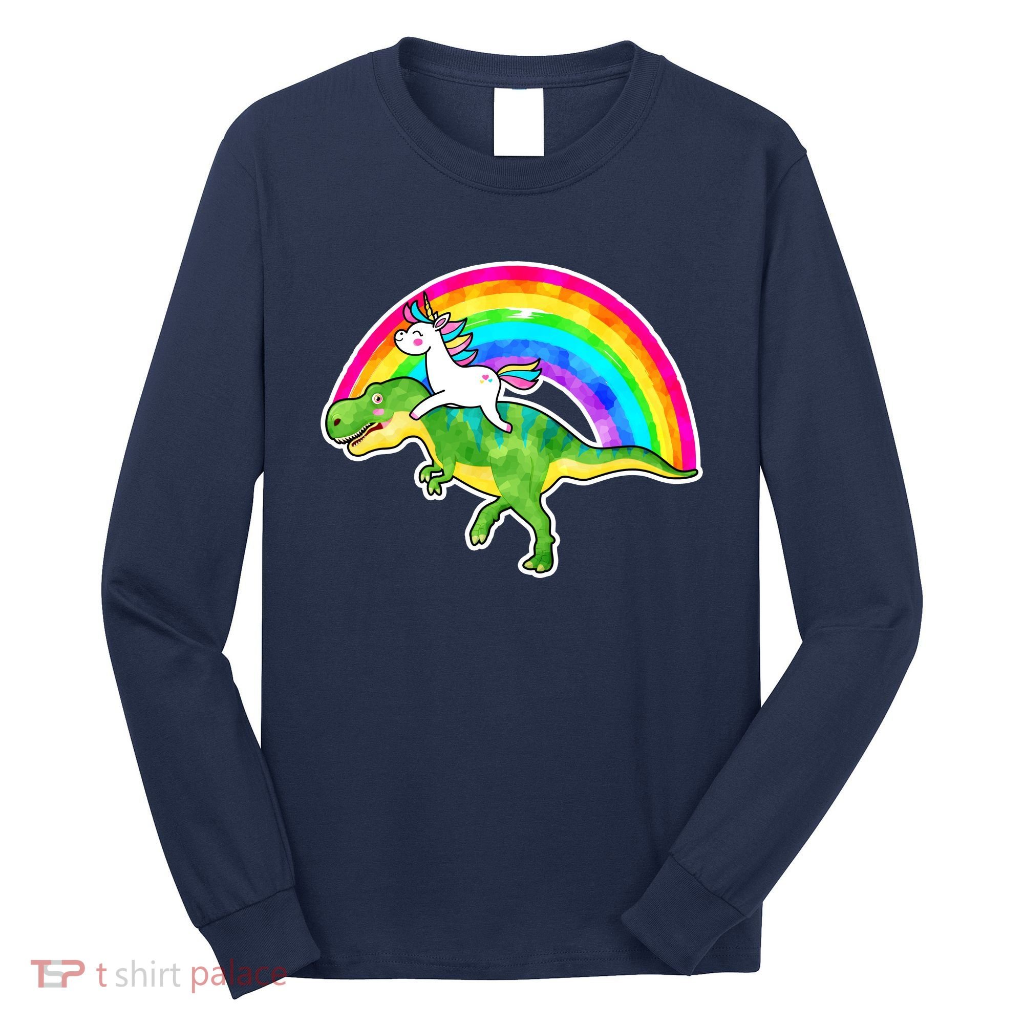 Unicorn Riding T-Rex Rainbow Long Sleeve Shirt
