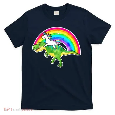 Unicorn Riding T-Rex Rainbow T-Shirt