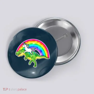 Unicorn Riding T-Rex Rainbow Button